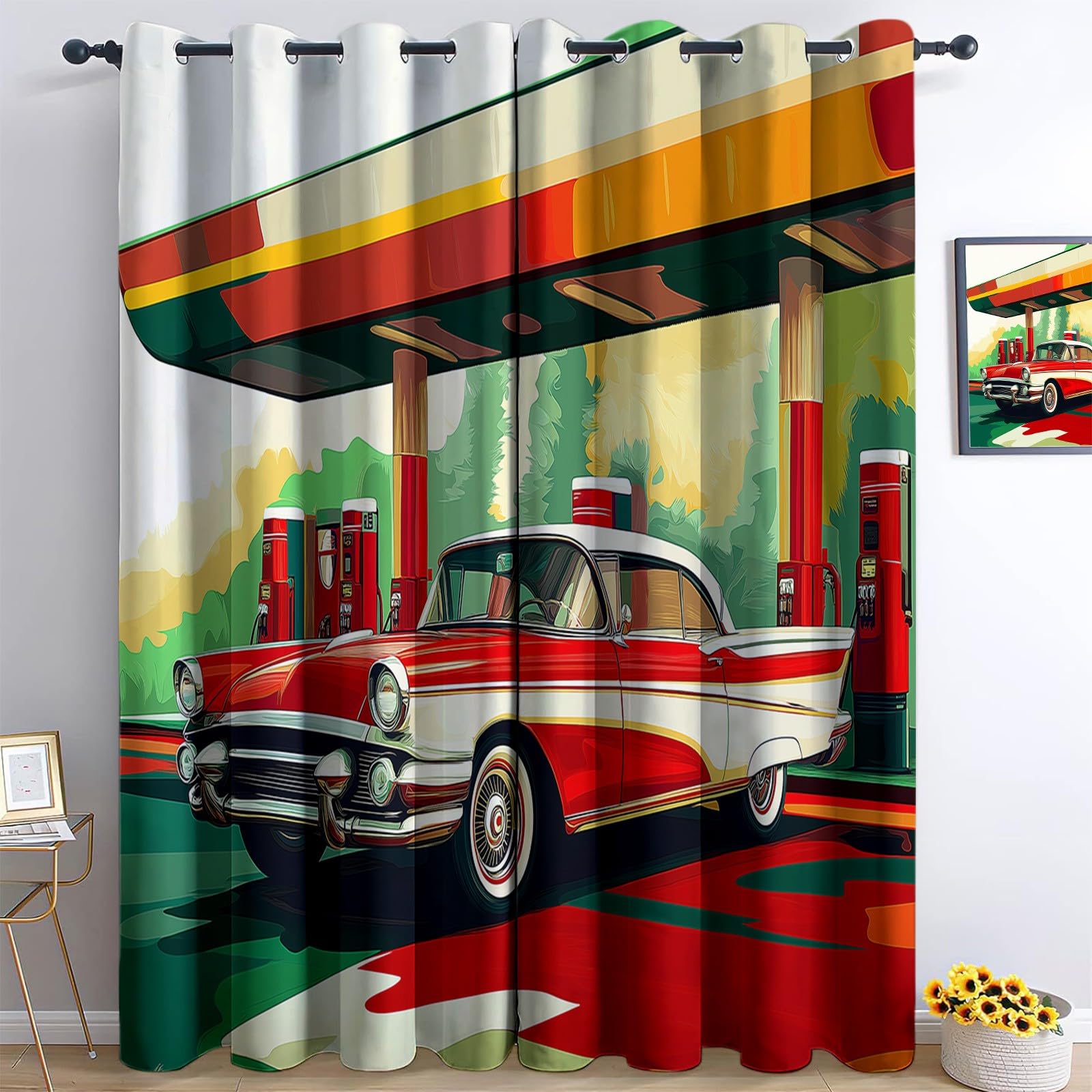 Zestaw 2 zasłon zaciemniających, plakat na stację benzynową, retro, do samochodu, izolacja termiczna, ochrona przed zimnem, poliester, 90% zaciemniająca z oczkami, do sypialni, salonu, kuchni