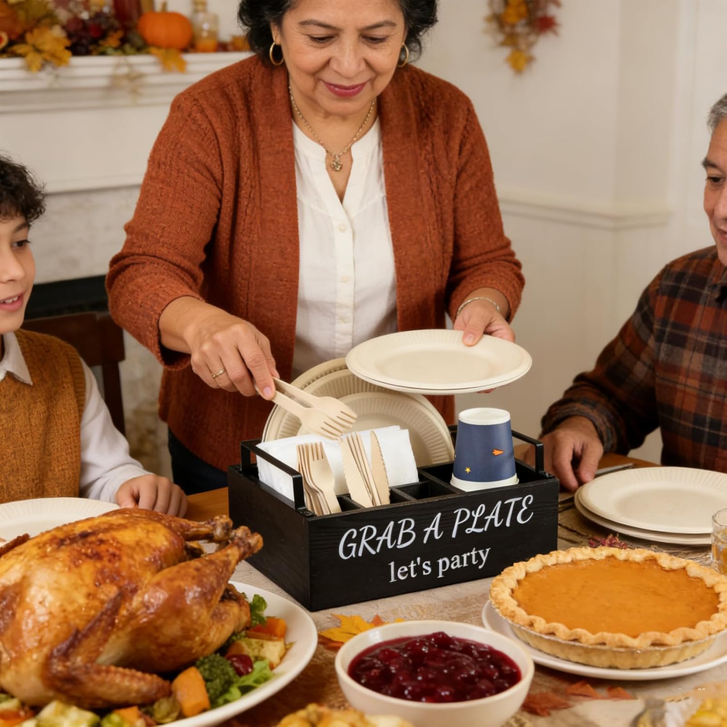 Paper Plate Holder, Utensil Caddy Organizer, Wood Paper Plate Dispenser, Silverware Caddy Holder, and Disposable Coffee Bar Accessories Box for Kitchen Counter, Party, Camping, Picnic (6 compartment)