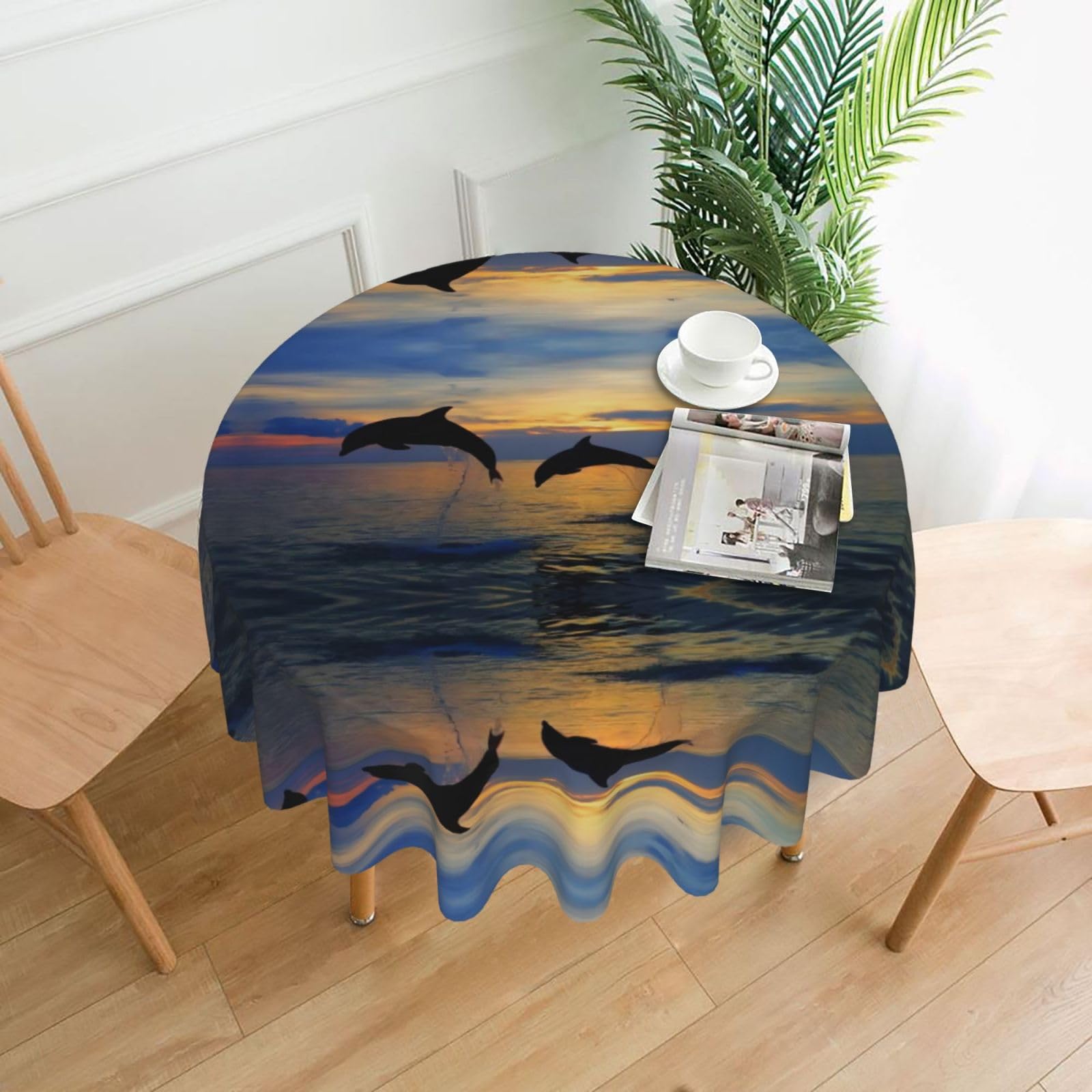 Hjfczh Black Funny Animal Dolphin Prints Round Table Throw 60 Inch - Waterproof Table Cover - Soft & Wrinkle Resistant Decor Layer For Dinners, Parties & Everyday Use