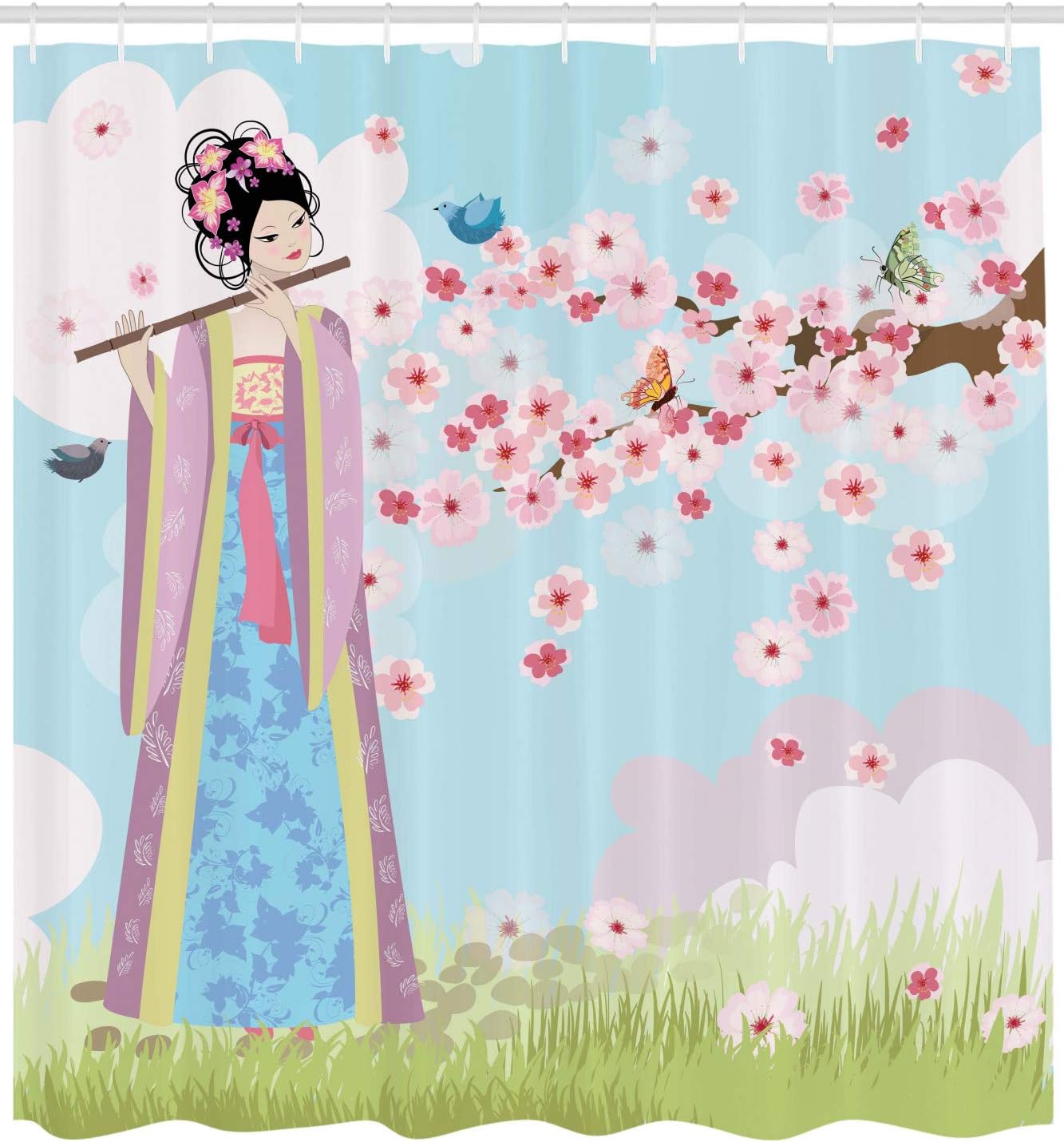 Ambesonne Music Shower Curtain, Oriental Girl Near Cherry Blossoms Spring Petals Butterfly Grassland Japan Art, Cloth Fabric Bathroom Decor Set with Hooks, 69" W x 75" L, Green Blue