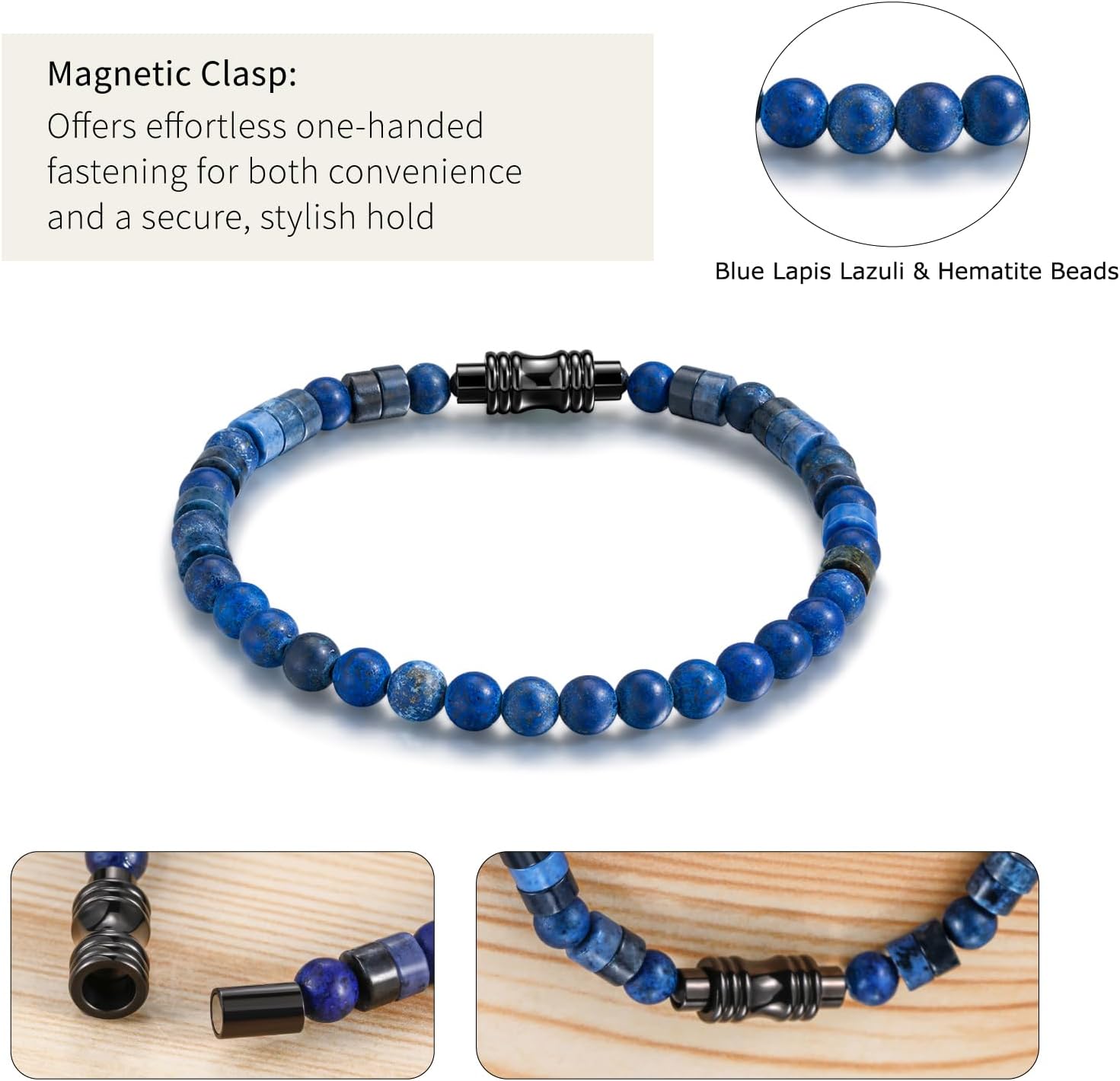 TRUMIUM Beaded Bracelets for Men Women Hematite 6mm Lapis Lazuli Mens Bracelet Gemstone Jewelry for Him 7.5/8.3/9 Inch Length