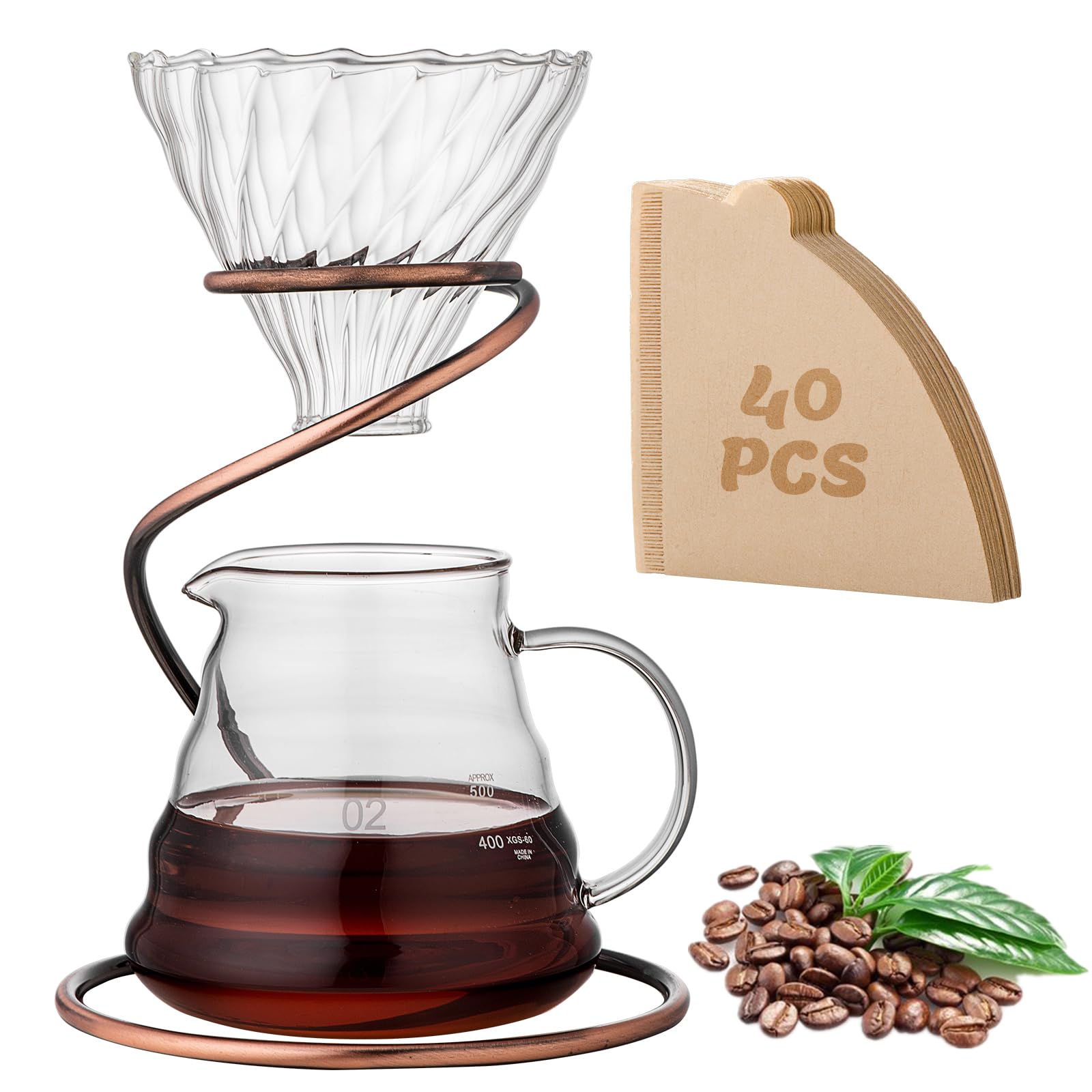 Coffee Pour Over Set - Complete Pour Over Coffee Maker with Dripper, 40Filters and Metal Stand - Portable & Stylish V60 Style Drip Coffee Brewer
