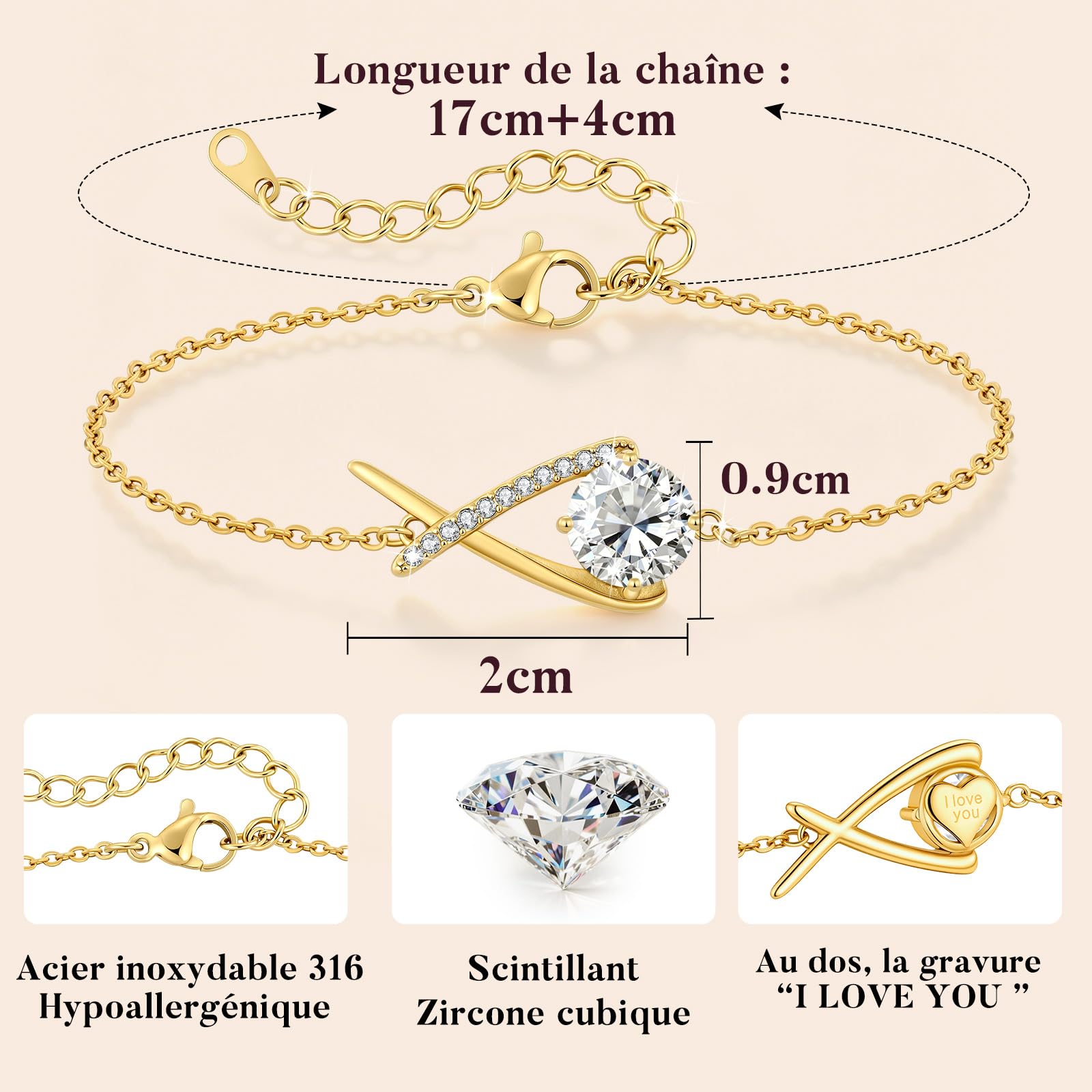 CDE Bracelet Femme Infinity Plaqué Or 14K Cadeau Anniversaire pour Elle