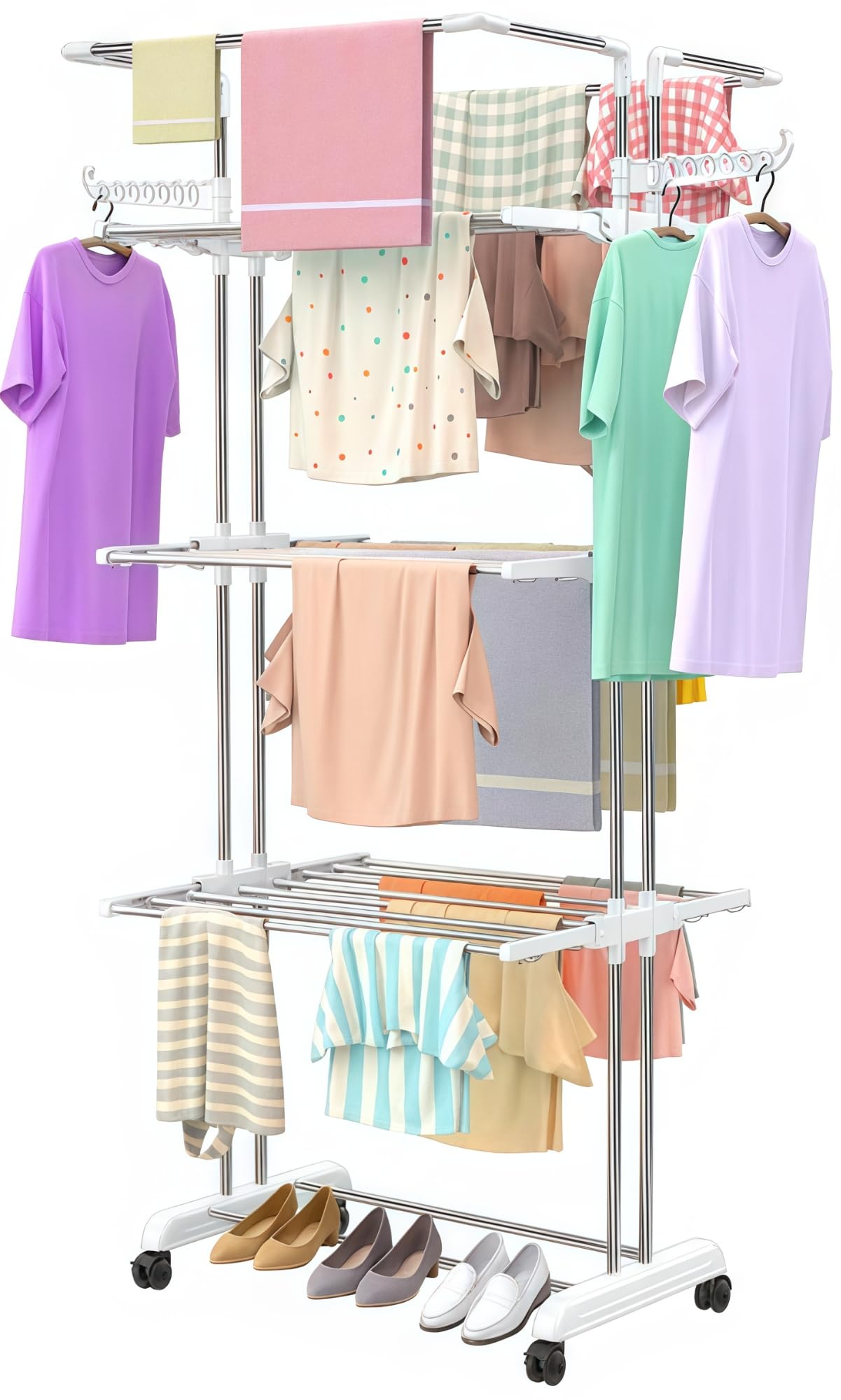 H Houseware Heavy Duty Stainless Steel 4 Tier Cloth Drying Stand with Wheels | Large Clothes Dryer & Laundry Rack | 43.2D x 78.7W x 165H cm | 5kg | Rustproof & Portable(Jumbo White Stand)-image-42
