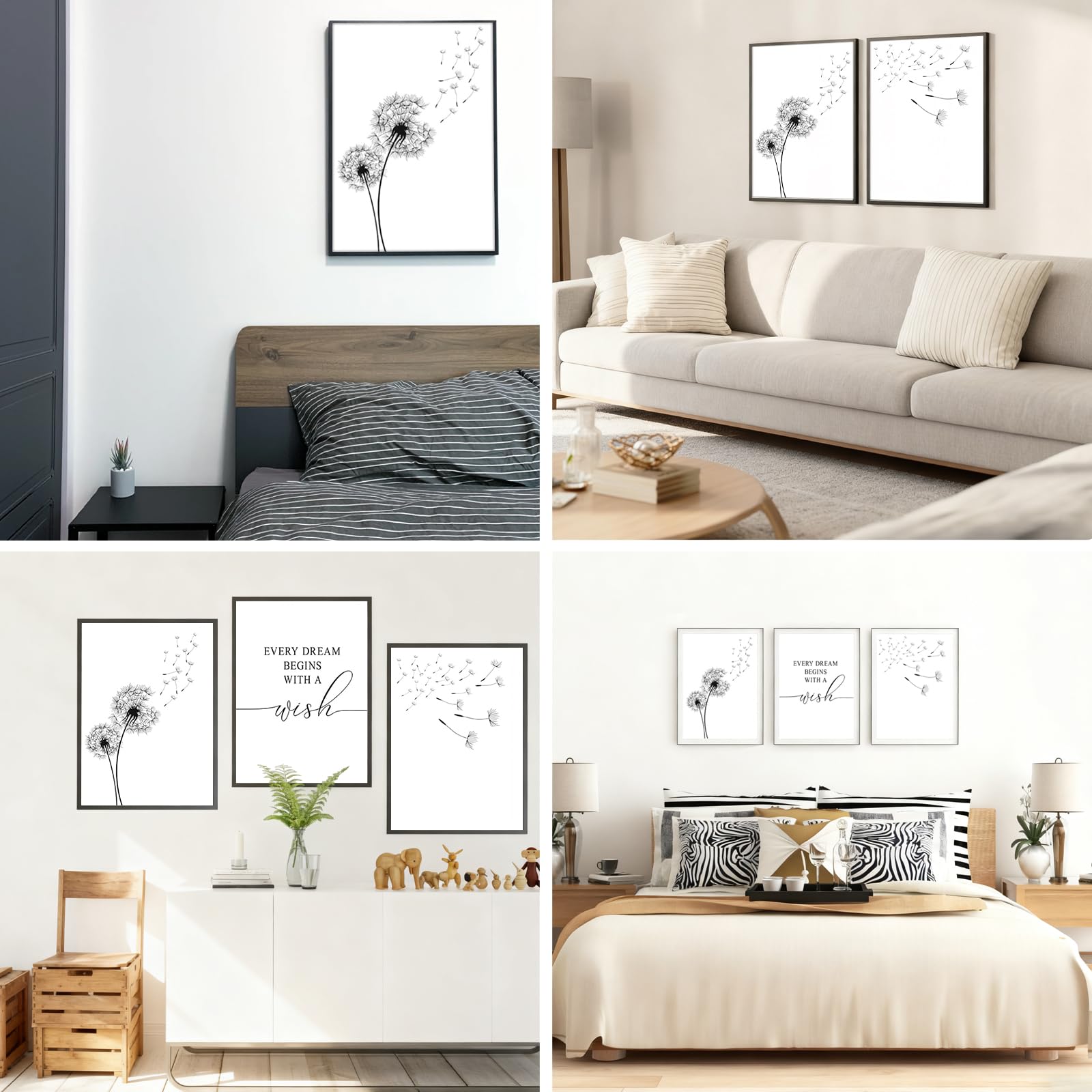 Wandbild 3er Set Leinwandbild Moderne Wanddeko – Dandelion oder Paar Motiv Schwarz Weiß Poster – Wohnzimmer Schlafzimmer Büro Café Minimalistische Wanddekoration ohne Rahmen, ohne Rahmen(40x50cm)
