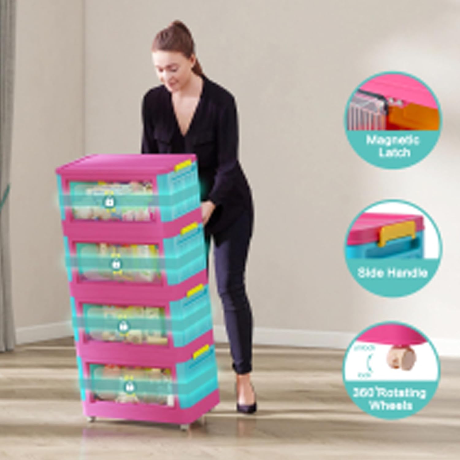 5 Tiers Folding Storage Cabinet, 20" Side Wide Collapsible Storage Bins with Doors and Wheels, Space Saving Plastic Cabinet for Living Room, Office, Dorm, Rainbow