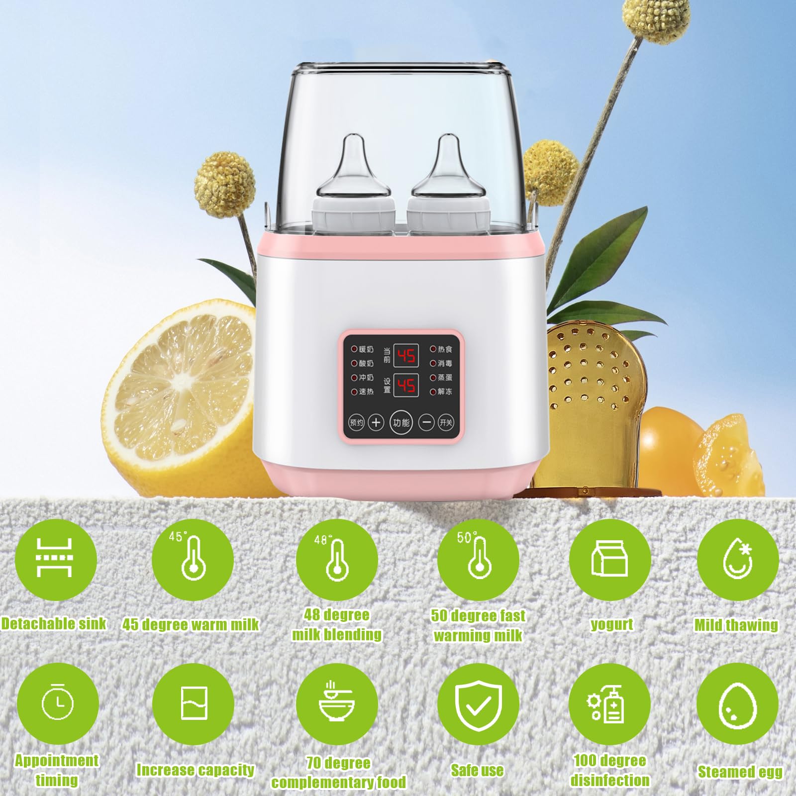 8-in-1 Flaschenwärmer Baby, Sterilisator für babyflaschen, Schnell-Flaschenwärmer Milchflaschenwärmer für Babys, Fast Babykostwärmer & Abtauung mit LCD-Display, BPA-freier Babynahrungsheizung,Rosa