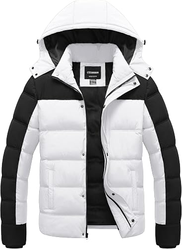 CTFASHION Mens Coats Winter Jacket Men Mid-Weight Puffer with Removable Hood White & Black S