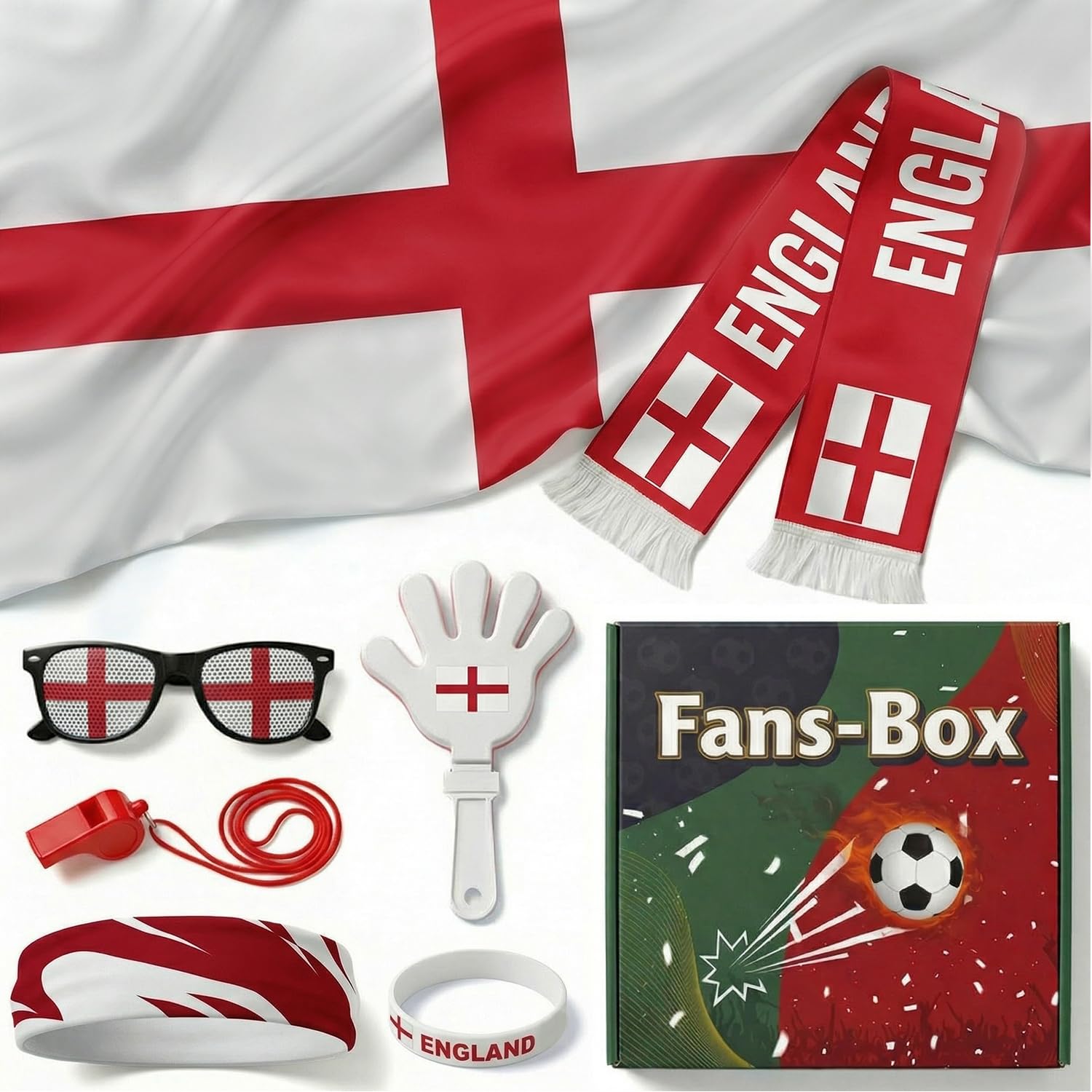7 Pcs Cheering Kit for Football Matches, 2026 England Soccer Fan Game Day Accessory Set, Includes Flag, Glasses, Whistle, Clapper, Wristband, Scarf & Headband