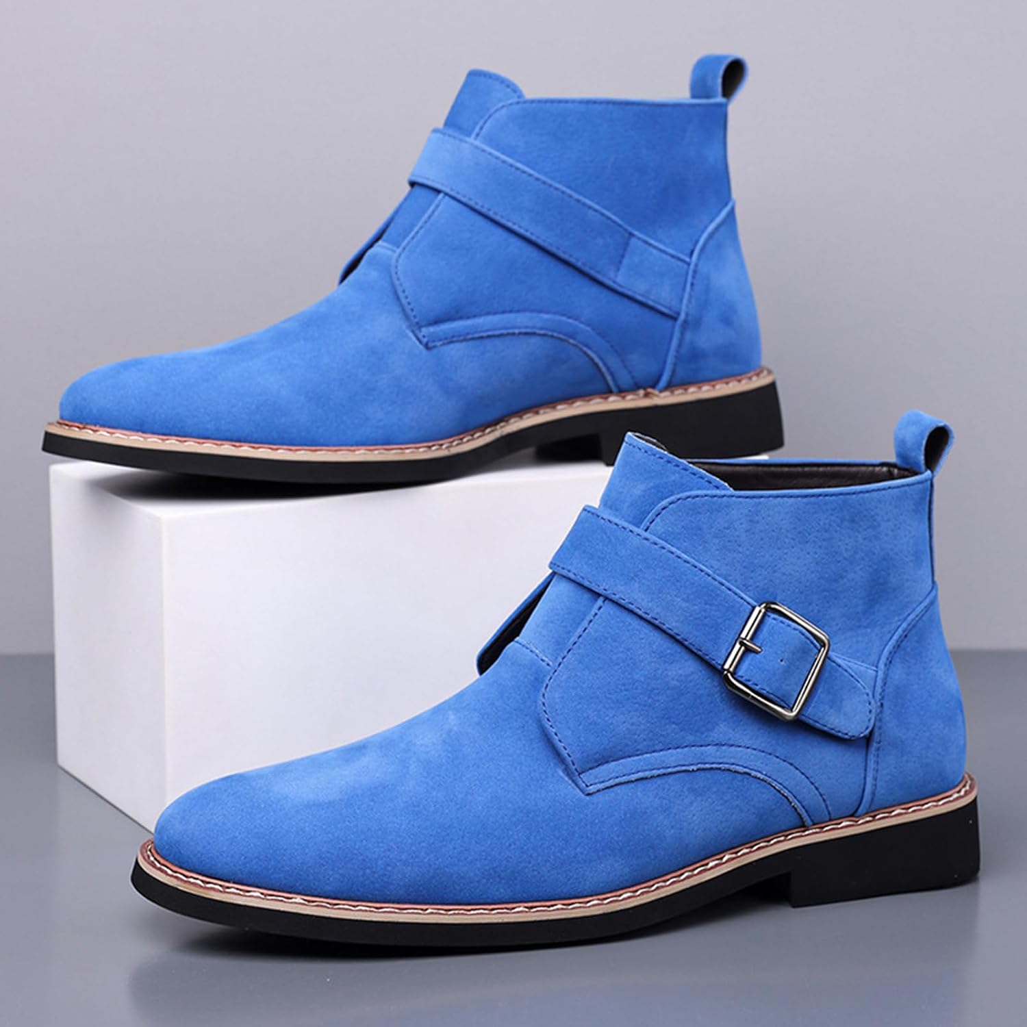 Men's Suede Mid Top Ankle Boots with Monk Buckle Strap Classic Round Toe Non-Slip Block Heel Chukka Booties Wedding Office Dress Short Boots