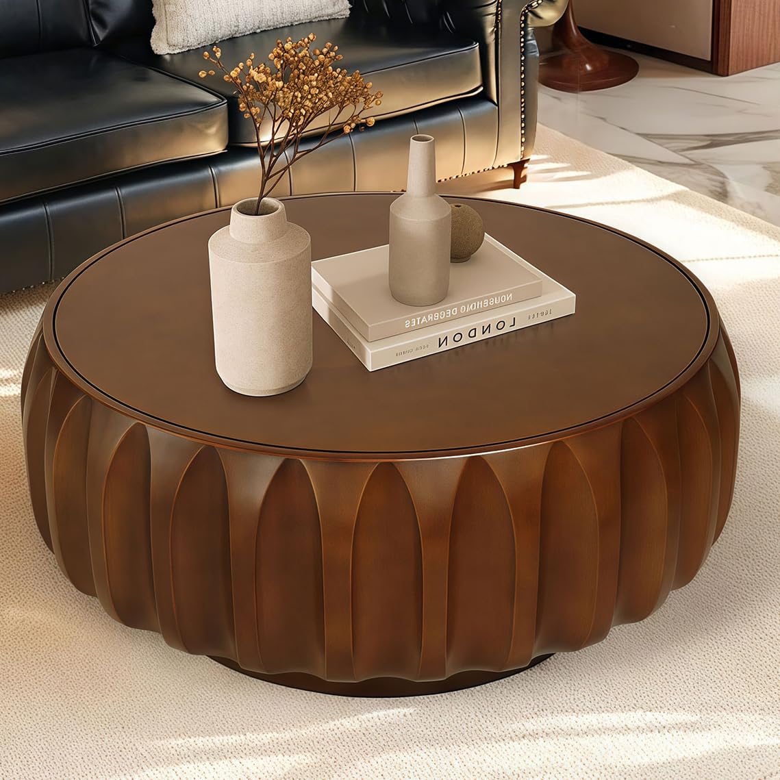 KEVINSPACE Round Wood Coffee Table, Fluted Solid WoodCoffeeTable Handcraft Drum TeaTable CenterTable for Living Room, Modern CocktailTable for Small