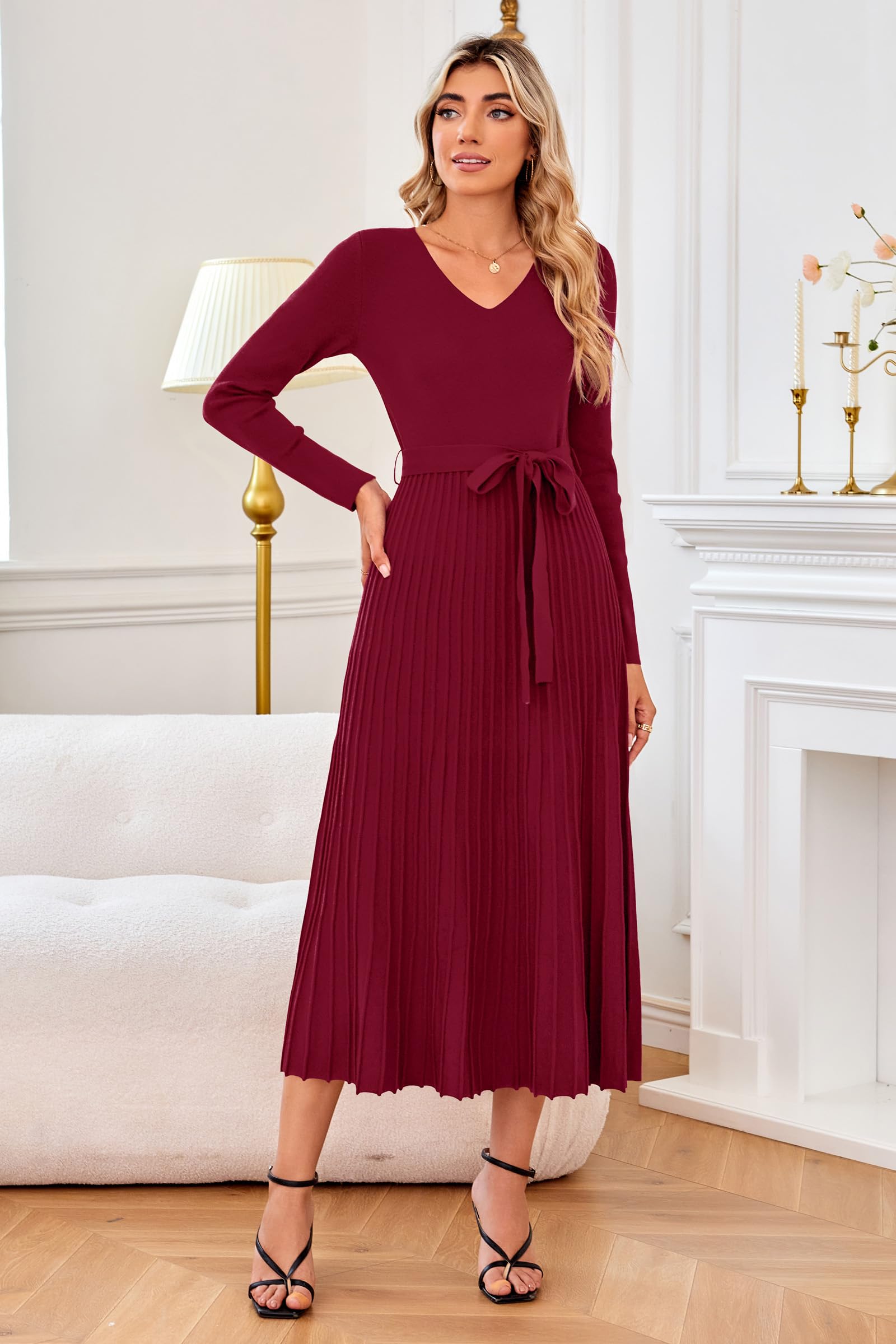 Arach&Cloz Robes Femme Longues Automne Tricotée Robe à Manches Longue Elégante Plissée Col V Jupe Midi Souple Hiver
