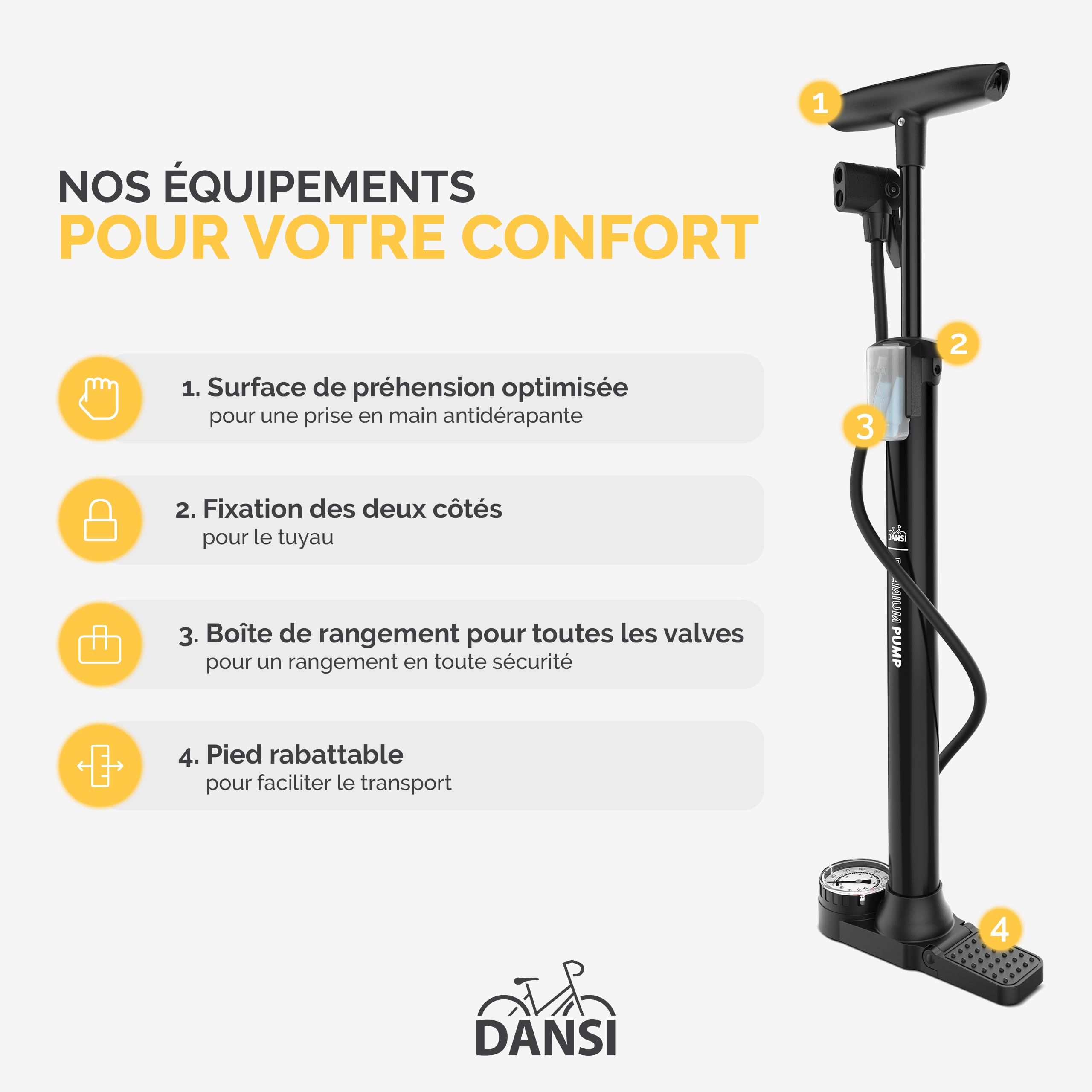 DANSI Pompe à vélo à Pied Toutes valves AV, SV, DV avec Grand manomètre