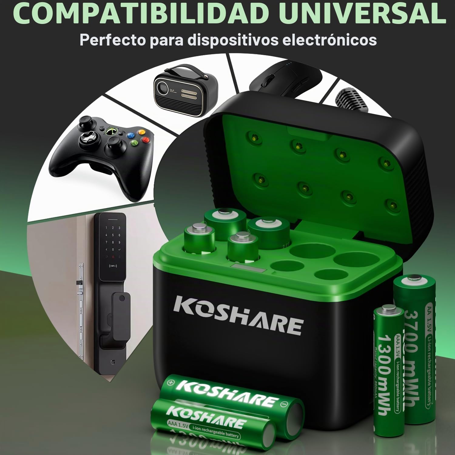 Pilas recargables de litio AAA de 1,5 V AA con cargador, 4 unidades de 3700 mWh doble A y 4 unidades de 1300 mWh triple A de alta capacidad, recargables hasta 1200 veces (negro y verde)