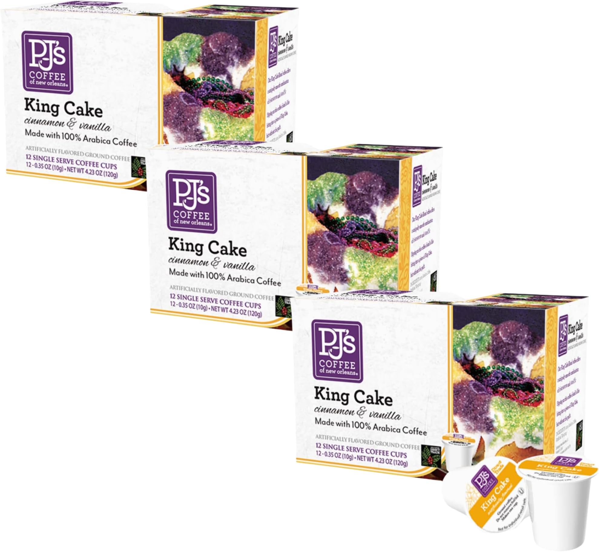 PJ's Coffee - King Cake Single Serve Cups, 12 Count (Pack of 3)