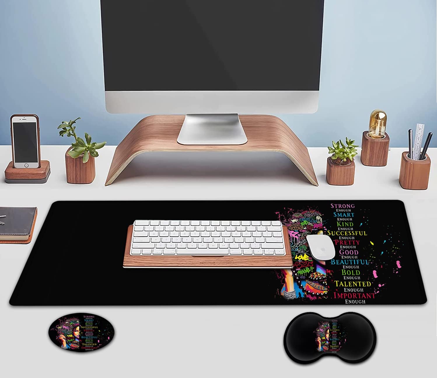 Large Mouse Pad, Extended Office Desk Pad 31.5x11.8in,Ergonomic Memory Foam Mouse Wrist Rest Support for Home Office Computer Writing Pad,African American Woman Black Women XXL Black Gaming Mouse Mat