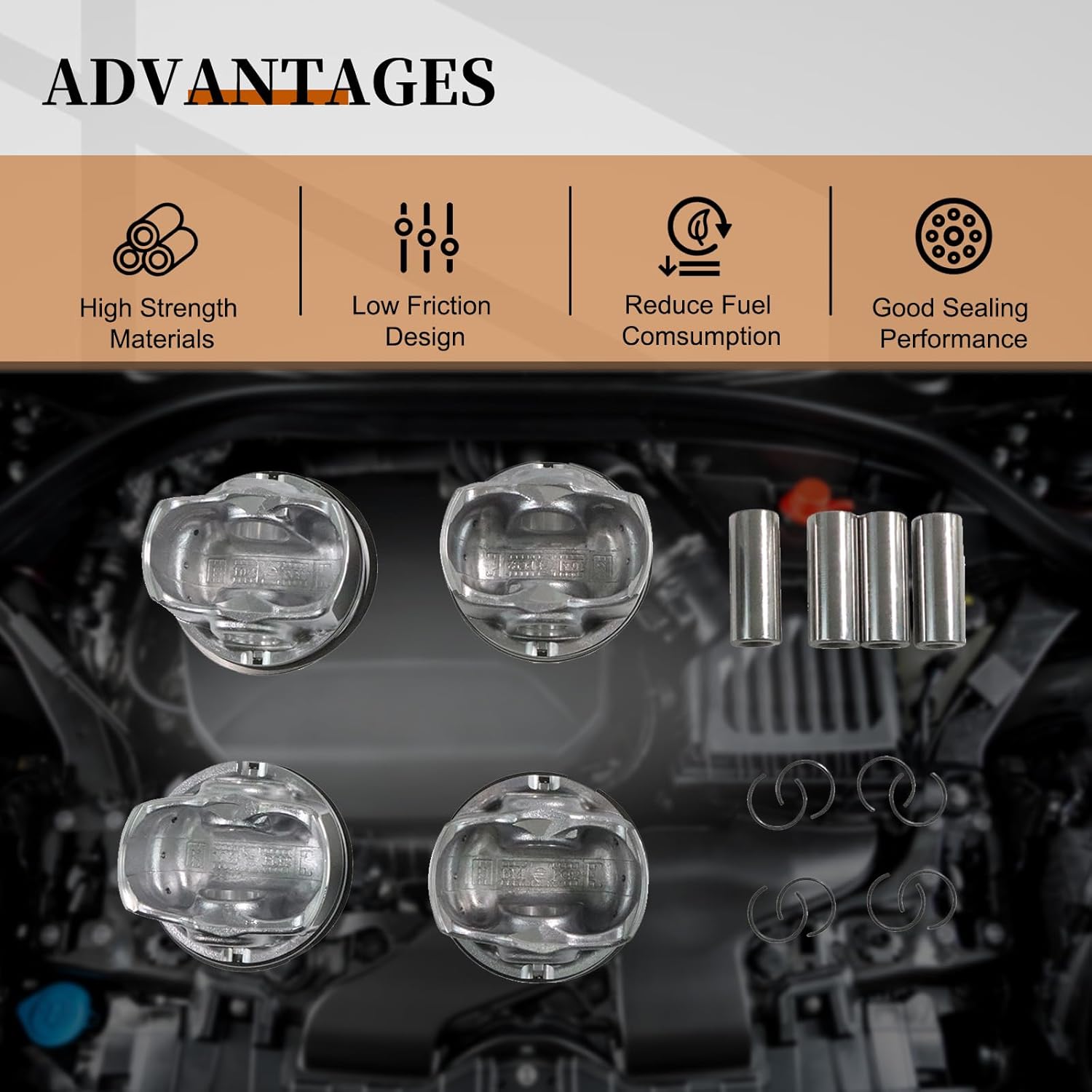 23410-2BCA0 Engine Pistons Rings Set 4Pcs Compatible with Elantra Forte Forte5 Kona Optima Seltos Sonata Soul Tucson Veloster 2021-2013 2011-2019 Hyundai Kia G4FJ 1.6T