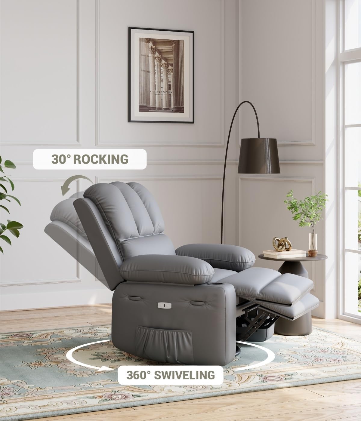 Image showing the Garvee recliner chair in various recline positions, including 90 degrees for reading, 120 degrees for watching TV, and 135 degrees for napping, with the footrest extended.