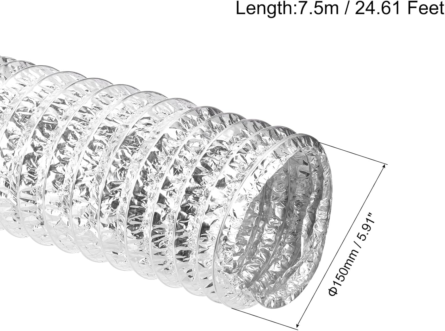 MECCANIXITY Air Aluminum Ducting 5.9 Inch 24.61 Feet Non-Insulated Aluminum Flexible Ducting with 2 Clamps for HVAC Ventilation