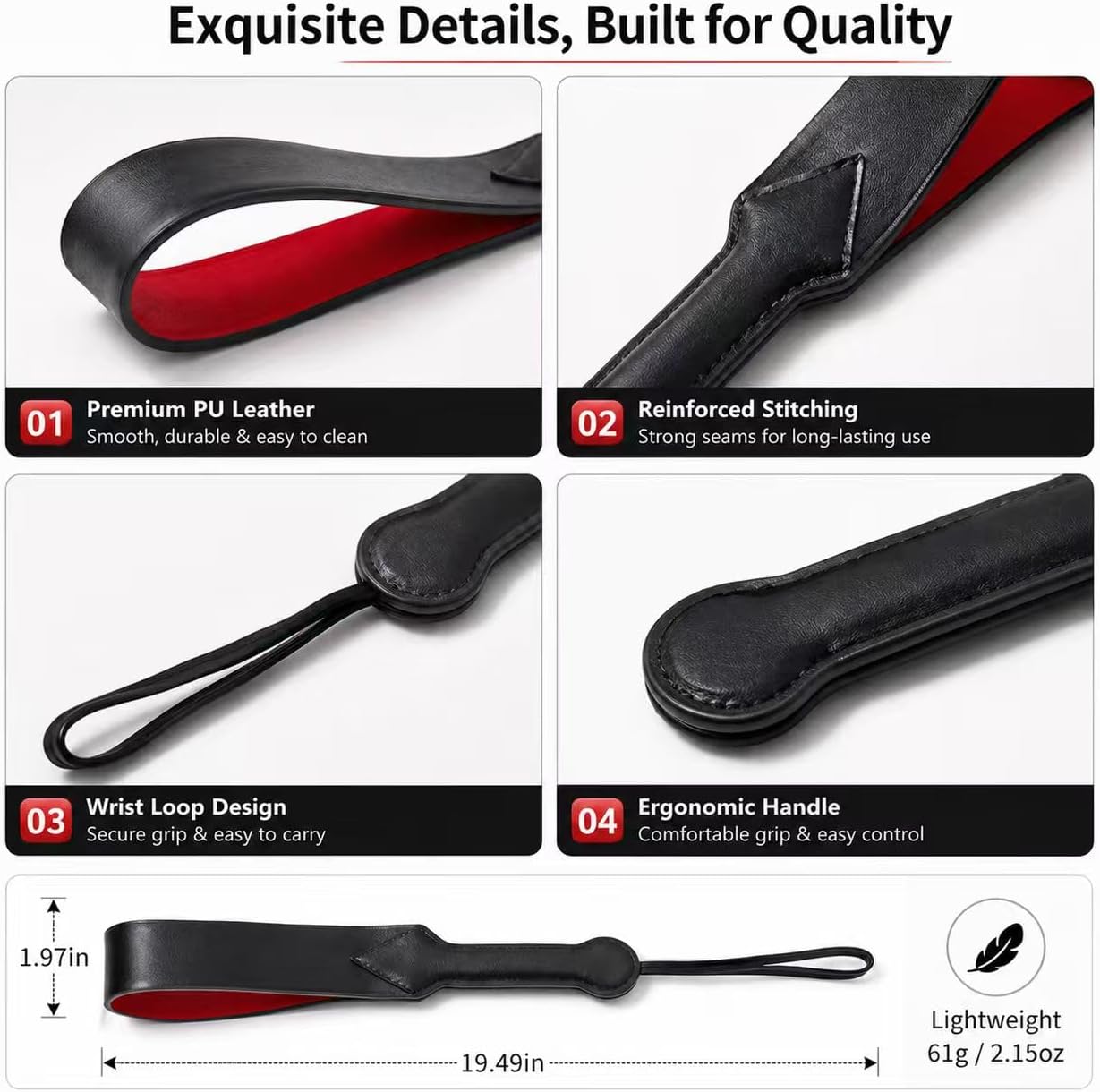 BDSM Black Red Faux Leather Paddle, Double-Sided Spanking Slapper with Ergonomic Handle, Multipurpose Bondage Accessory for Role Play & Themed Cosplay