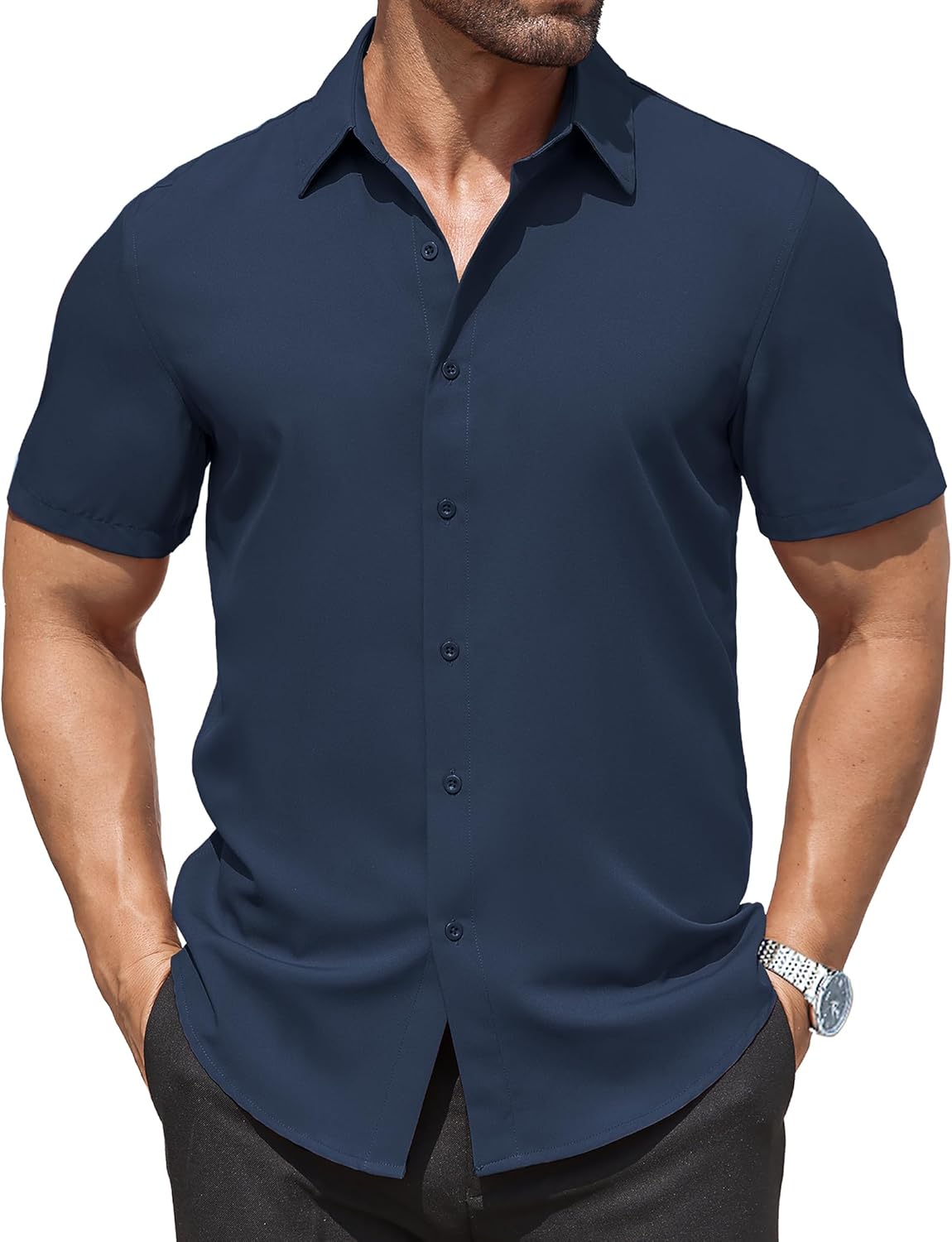 COOFANDY Men's Dress Shirts Stain Shield Short Sleeve Button Down Shirts Summer Wrinkle Free Business Casual Shirt Navy Blue Small
