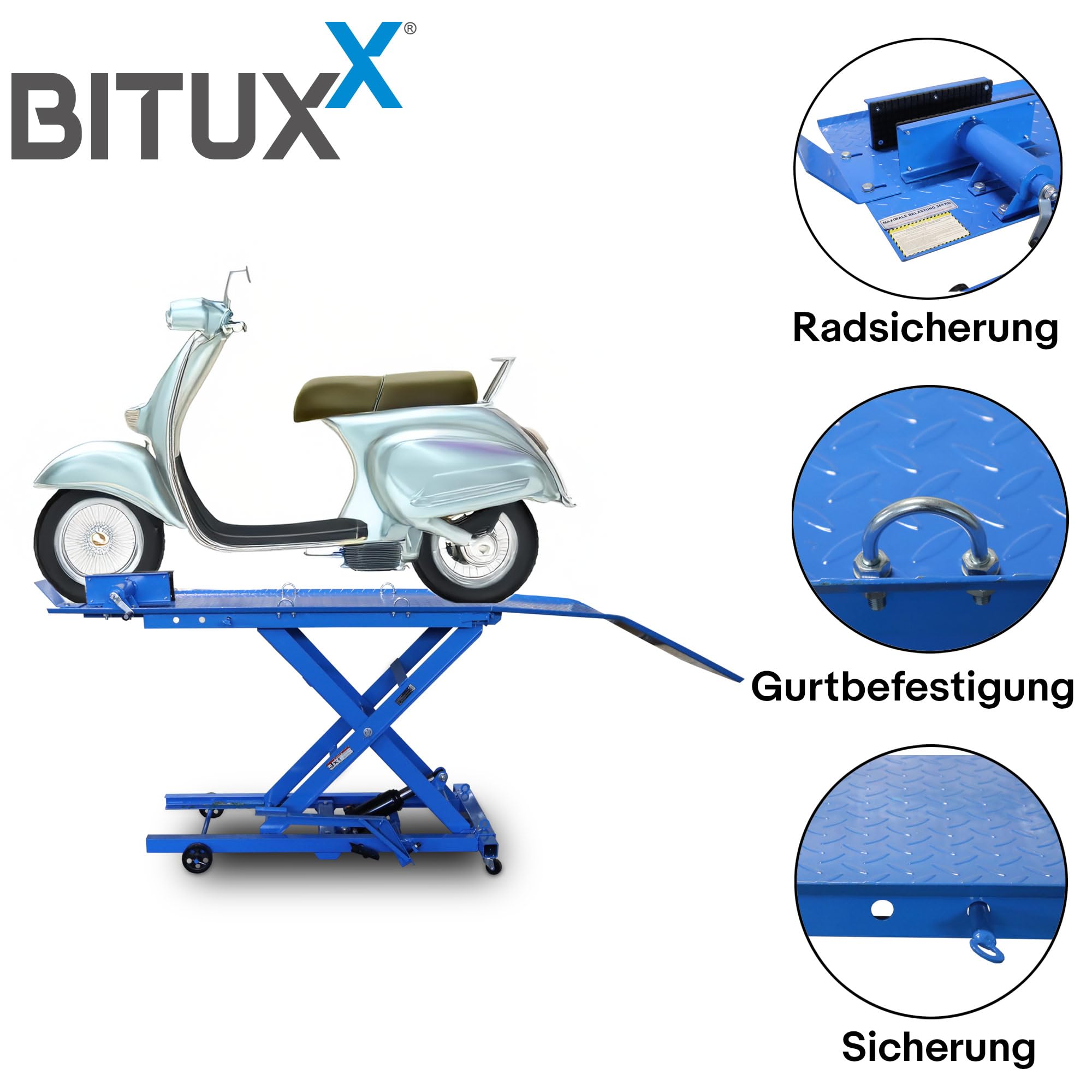 Bituxx Motorrad Scheren Hebebühne Motorradheber Motorradbühne Lift Hydraulisch mit Fußpumpe, 360 kg Belastbar, Werkstattbühne mit Radsicherung und Auffahrrampe