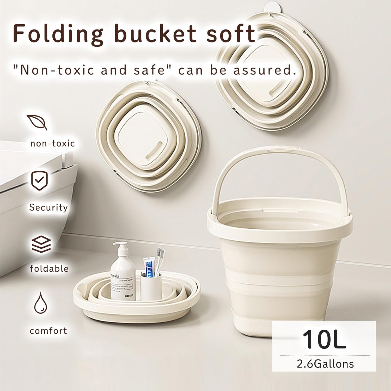 Collapsible Utility Bucket with Handle, 10L Sizes, Multi-Purpose for Foot Bath, Cleaning, Storage, Beige (Beige)