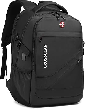 CROSSGEAR 30L Laptop Travel Backpack for Men, 17.3 Inch Laptop Backpack with Anti-theft Lock, Water Resistant Backpack with USB Charging Port, Large Laptop Bag Backpack for Work School Travel, Black