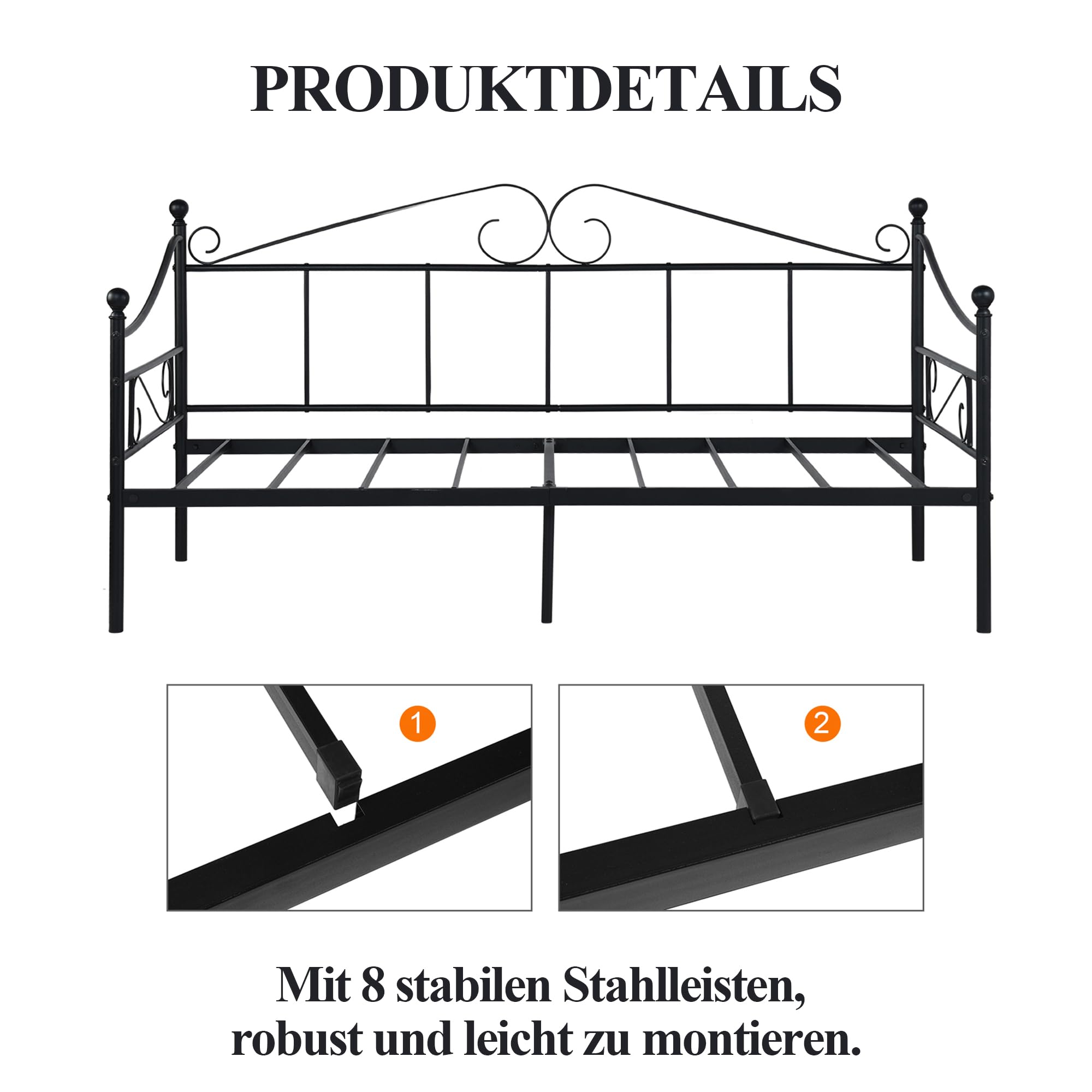 Daybed Outdoor Sofa Bett Bettgestell für 90x190CM Matratze, Familienbett Gästebett Metallbett Couchbett Sofabed Tagesbett Jugendbett Einzelbett für Schlafzimmer Wohnzimmer Veranda/Schwarz(Stil-A)