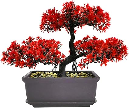 Artificial Bonsai Tree Fake Plants, Potted Faux Living Room Table Indoor Decor Japanese Simulation Pine Greeting Guests Potted for Home Decoration,Office/Windowsill/YardCOLORRed