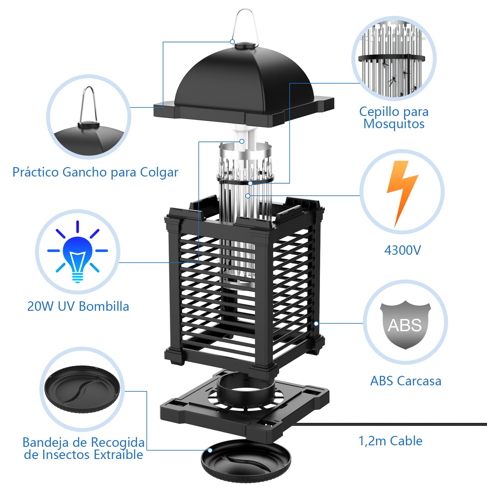 PALONE Lampara Antimosquitos 20W 4300V Antimosquitos Electrico para Repeler Polillas y Moscas, IPX4 Mata Mosquitos Electrico Efectivo de 100 m², Atrapa Moscas para Interior y Exterior