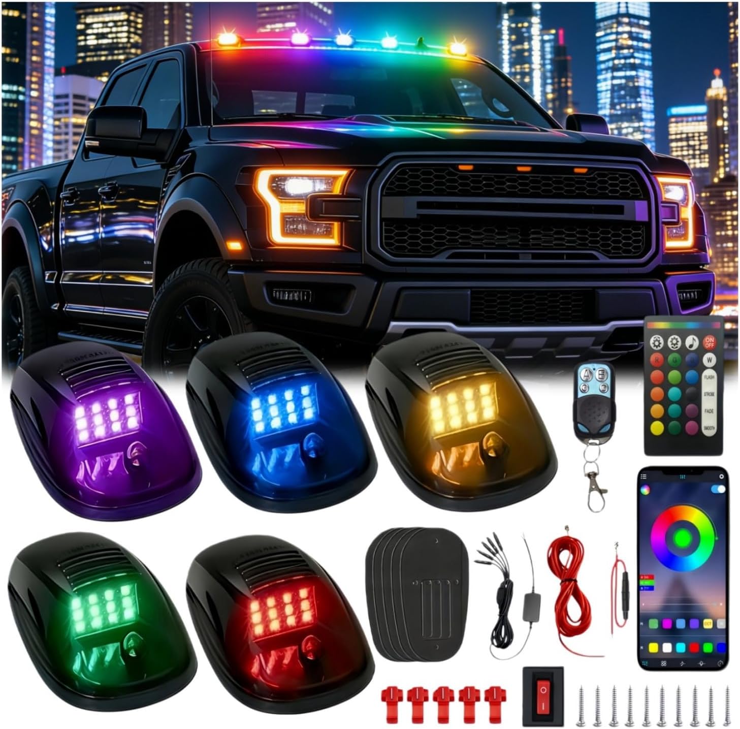 5Pcs RGB Smoked Cab Roof Marker Light with Remote Control,Rooftop Cab Clearance Light Multicolor LEDs Lights Kit Compatible with Pickups Trucks Ford Dodge Ram GMC Toyota Vans SUV POV Vehicle