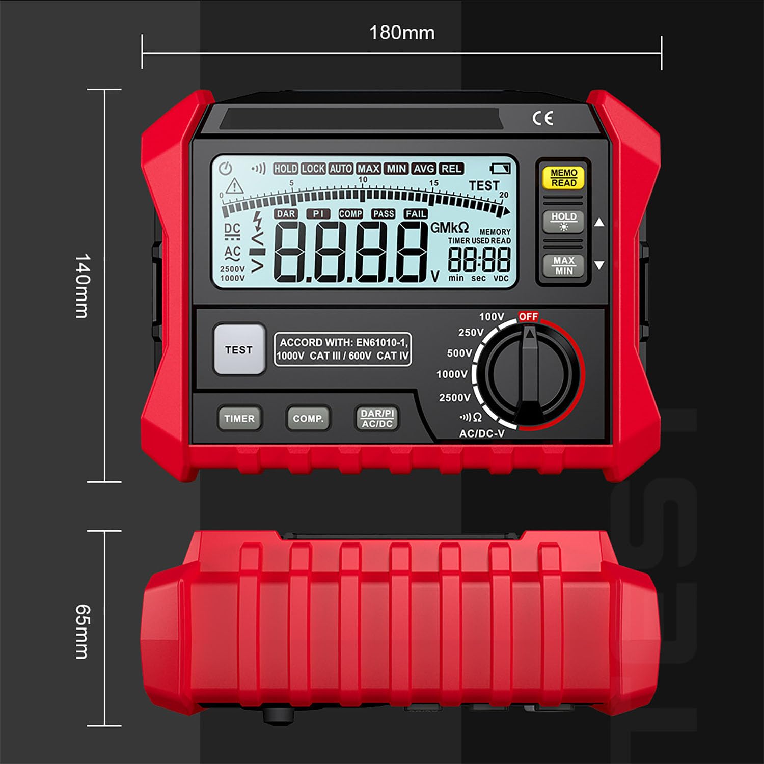 ERICAT Comprobador Digital De Resistencia De Aislamiento, Medidor De Resistencia De Alta Precisión con Pantalla Retroiluminada Y Función De Apagado Automático, para La Industria De Pruebas