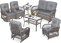 Vista 17 de MEETWARM Juego de 3 piezas de mimbre giratorio para patio al aire libre, mecedoras, juegos de muebles de patio de ratán con cojín grueso y mesa