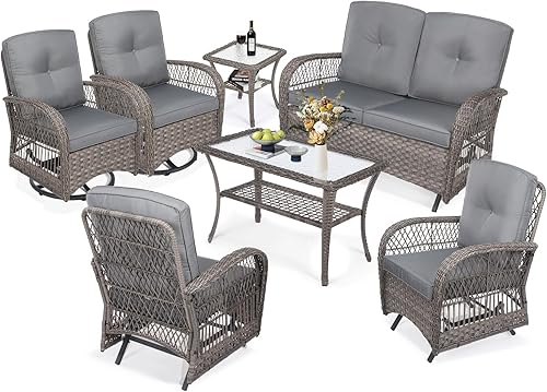 Miniatura 17 de MEETWARM Juego de 3 piezas de mimbre giratorio para patio al aire libre, mecedoras, juegos de muebles de patio de ratán con cojín grueso y mesa