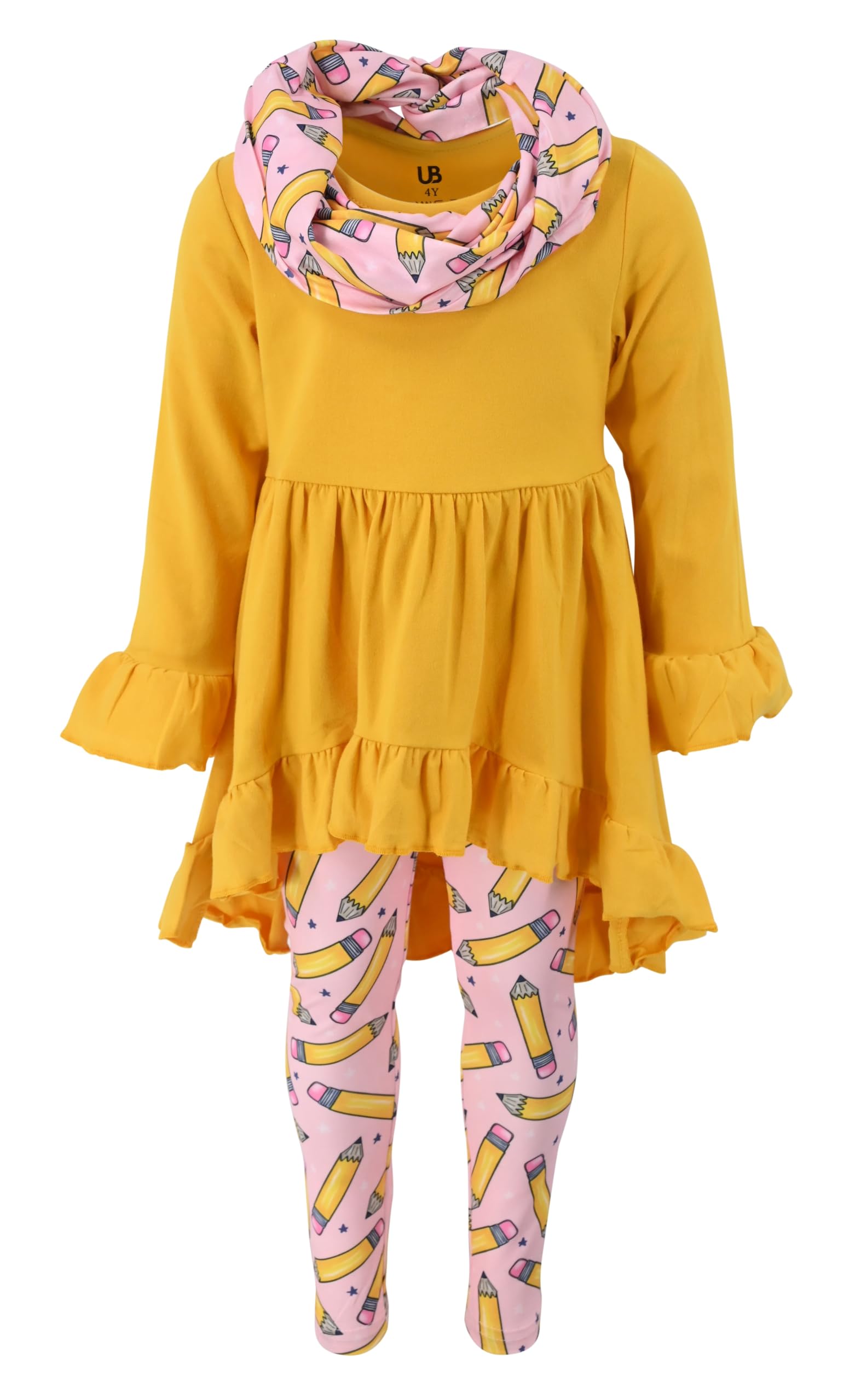 Unique Baby Girls Kids Toddler 3pc Outfit Set Long Sleeve Cotton Blend Tunic Top Leggings and Scarf