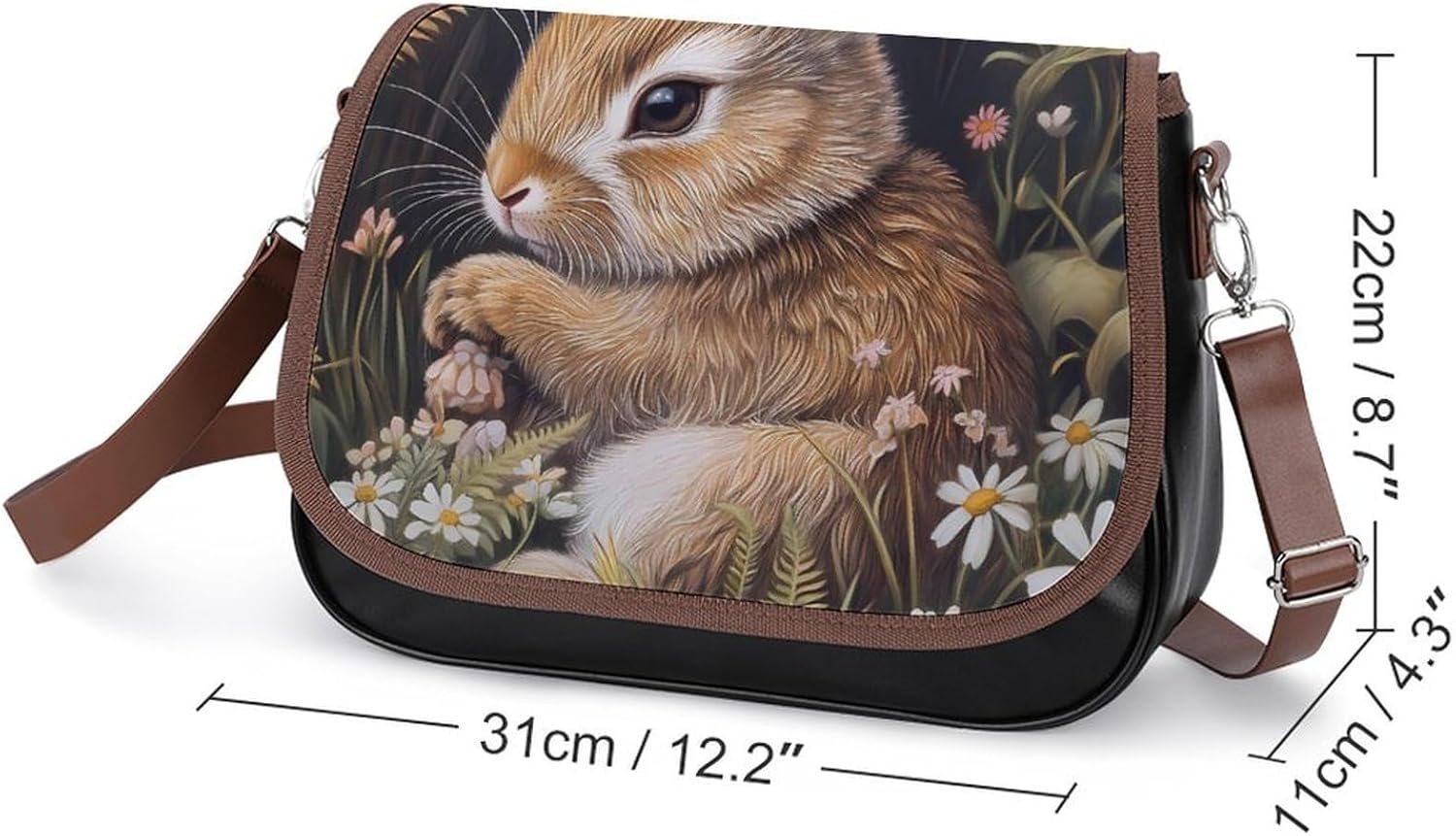 Bunny Rabbits Grass Wildflowers Women Crossbody Purse Leather Messenger Bag Handbags Shoulder Strap Bags