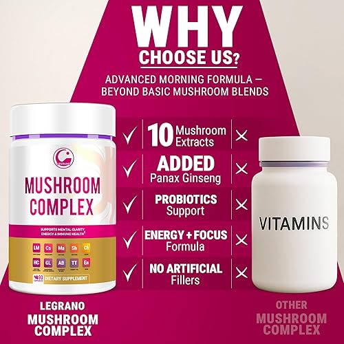 Miniatura 8 de LEGRANO Cápsulas de suplemento de melena de león  Mezcla de hongos matutinos con cordyceps, chaga, ginseng y vitaminas  Suplemento energético