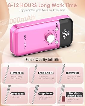 Portable Nail Drill Professional: 45000 RPM Rechargeable Electric Nail Drills Machine with 6 Bits, Drill para Unas Profesional E File for Acrylic, Gel Nails, Manicure & Pedicure - Salon & Home Use