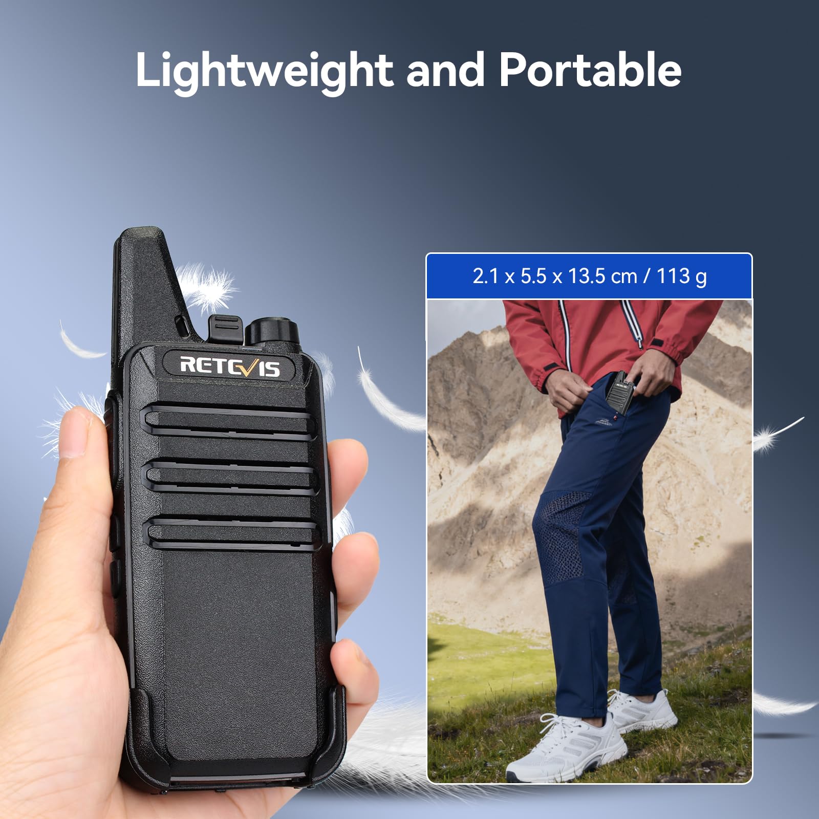 Retevis RT622 Walkie-Talkie, 113g Radio Portatile Ricaricabile, Suono Chiara, VOX, ABS Materiale, Clip Posteriore Rimovibile, PMR446 Interfono Professionali per Alpinismo, Campeggio (Nero, 1 Paio)
