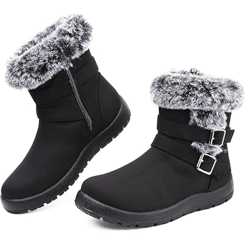 Womens Snow Boots with Zipper Waterproof Leather Fur Lined Winter Warm Boots for Women Comfortable Platform Fashion Ankle Booties