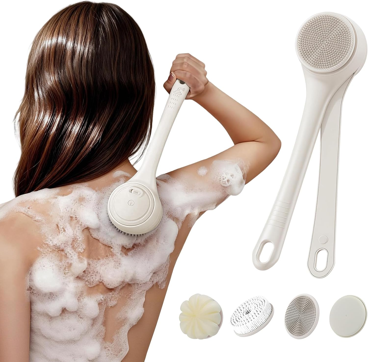 Electric Back Scrubber for Shower - IPX7 Waterproof Rechargeable Dual Handle Power Exfoliating Bath Brush with 4 Heads 2 Speeds for Cleansing, Exfoliating & Massaging Skin (Beige)