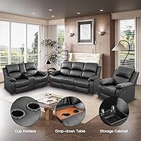 Vista 3 de Conjunto de sofá reclinable manual con mesa desplegable, 3 piezas de sofá reclinable de cuero negro, juegos de muebles para sala de estar, sofá