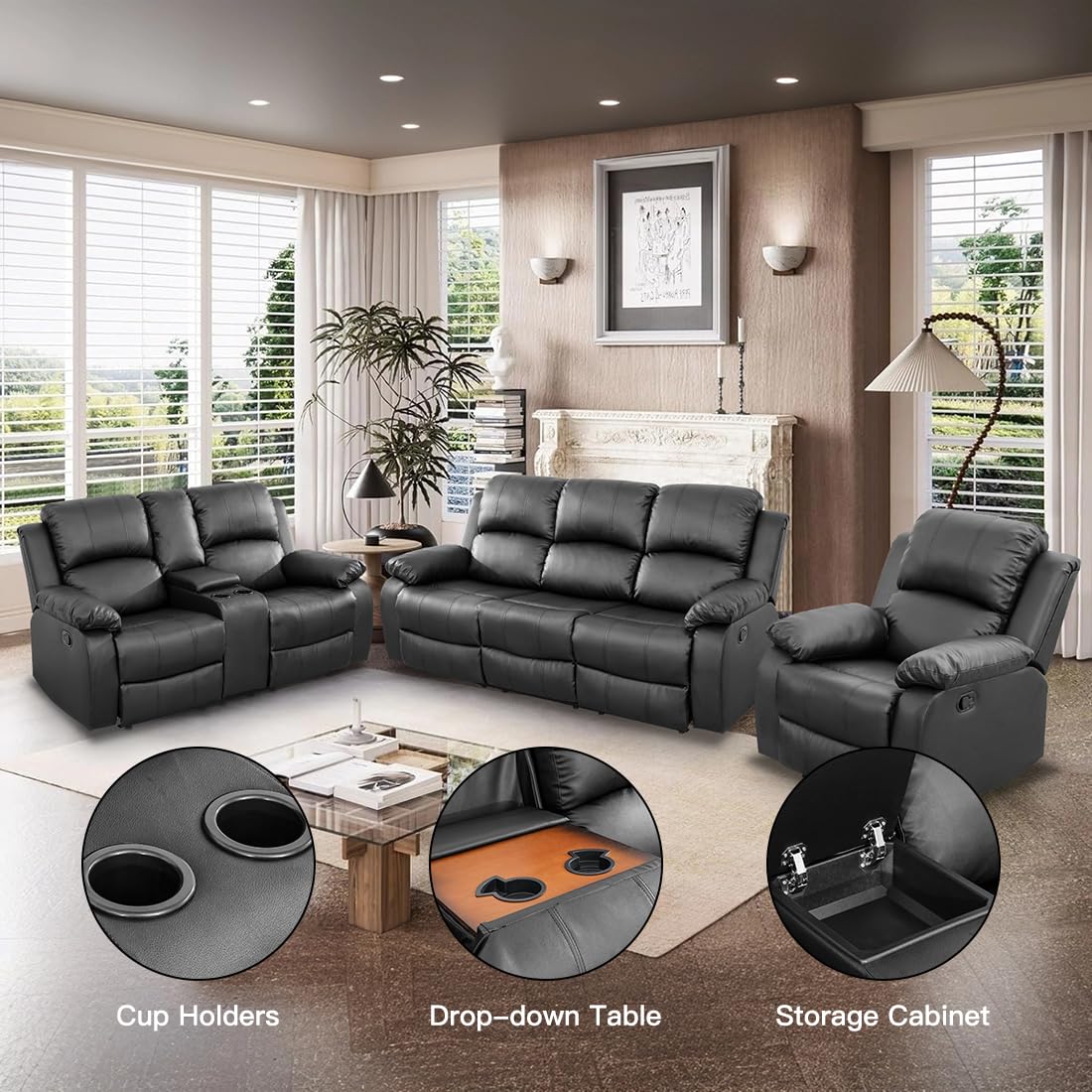 Toseslo Manual Reclining Couch Sofa Set with Drop-Down Table, 3 Pieces Black Leather Recliner Couch Sets, Living Room Furniture Sets, Recliner Sofa with Storage Console/Cup Holder for Home/Apartment view 3