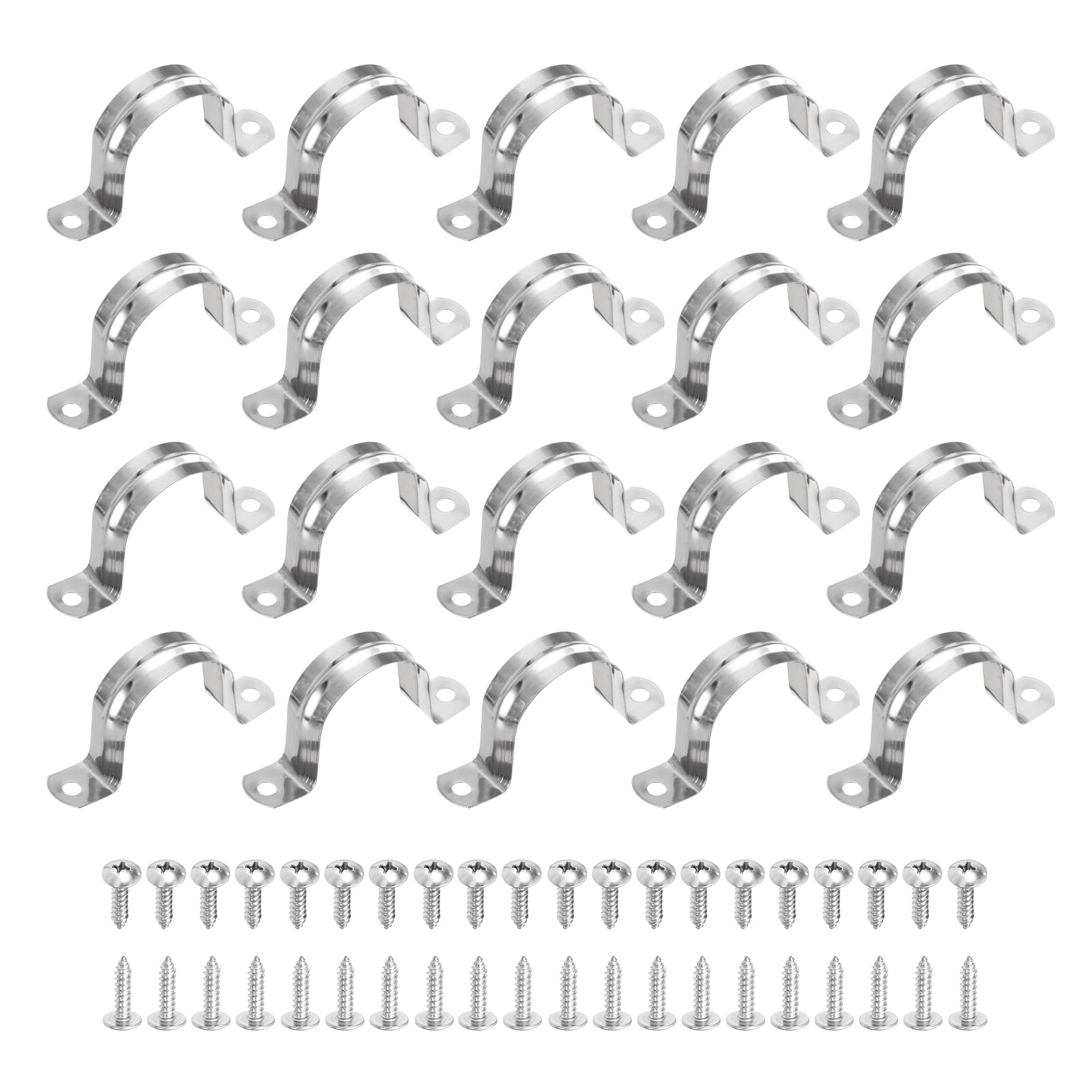 sourcing map 20Pcs 42mm(1-5/8") 304 Stainless Steel Rigid Pipe Strap, Two Hole Strap U Bracket Heavy Duty Pipe Conduit Clamp with Self-Tapping Screws for Hose Wire Cord Installation, Silver