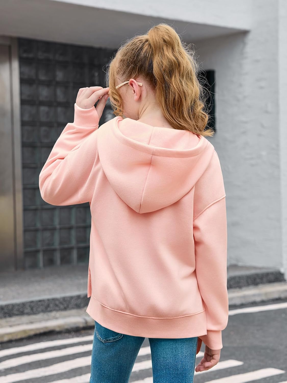 Haloumoning Girls Athletic Quarter Zip Fleece Hoodies Kids Side Slits Sweatshirts Thumb Hole Pullover Tops 5-14 Years - Image 5