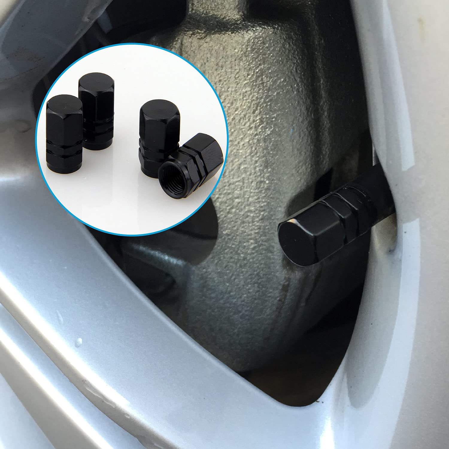 12 Tappi Coprivalvola Auto Esagonali In Alluminio Nero – Antiperdita Con O-Ring In Gomma