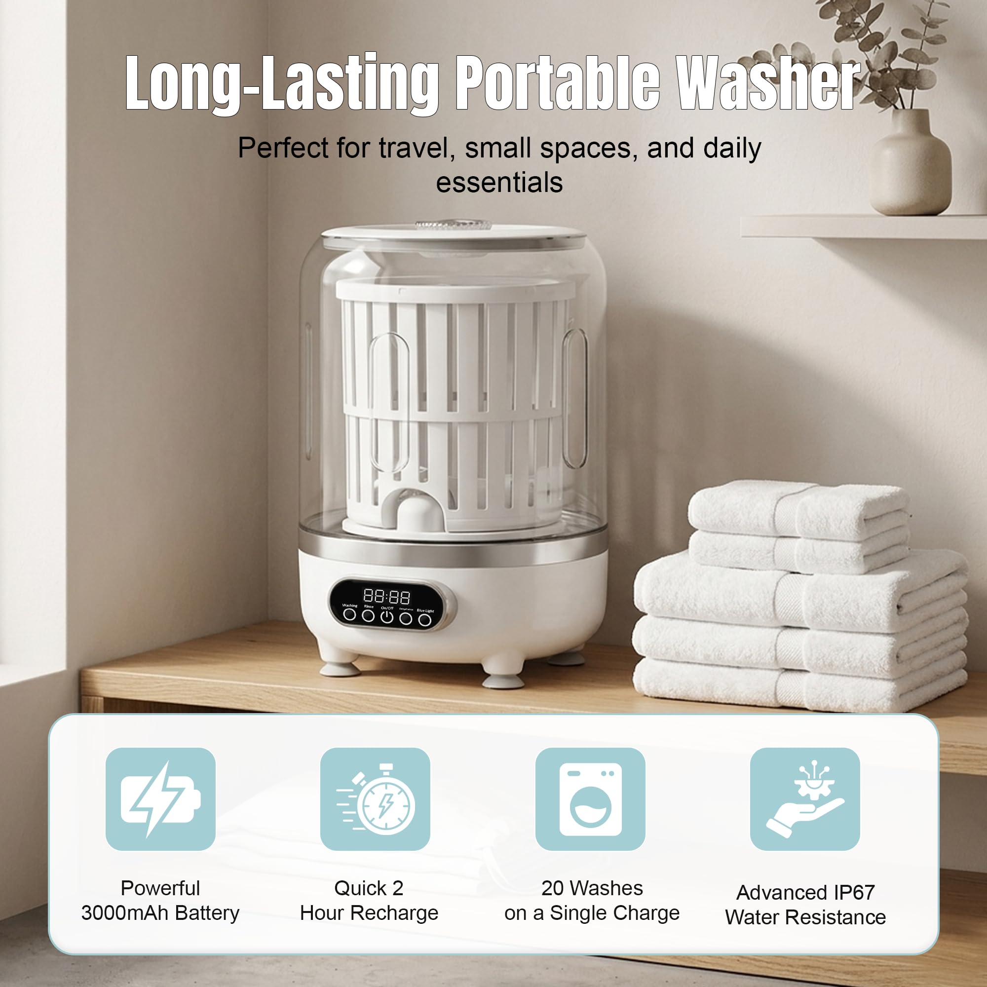Mini lavadora portátil 3 en 1, lavadora compacta de capacidad de 3 litros con pantalla digital y múltiples modos, material ABS y polipropileno duradero, pequeña solución de lavandería para ropa