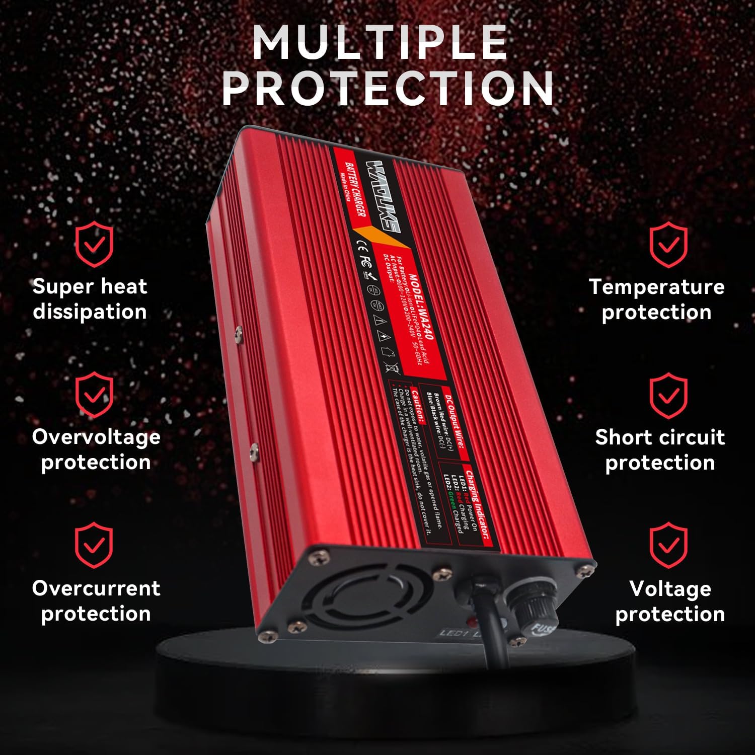 84V 3A Li-ion Battery Charger with Cooling Fan Red Aluminum Case Used for 20S 72V 74V Lithium Battery Pack and Smart Charger DC Output 3pin C13 Ping Connector