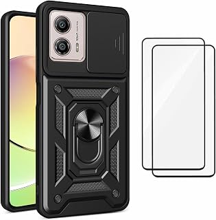 Capa para Motorola Moto G84 | com 2 protetores de tela temperados, janela deslizante de proteção da câmera integrada e suporte para telefone - Preto